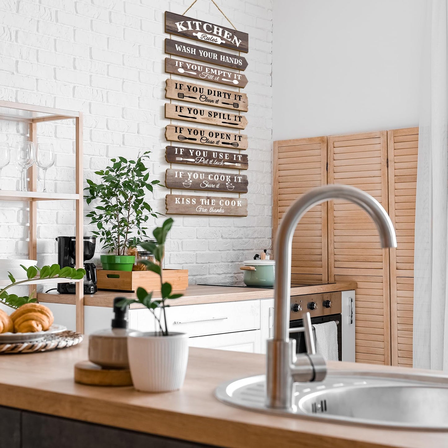 PEKCARGO Kitchen Wall Decor Funny Kitchen Signs Kitchen Rules Pictures Wall Art Decor Rustic Farmhouse Western Kitchen Decor Wooden Sign (Brown)