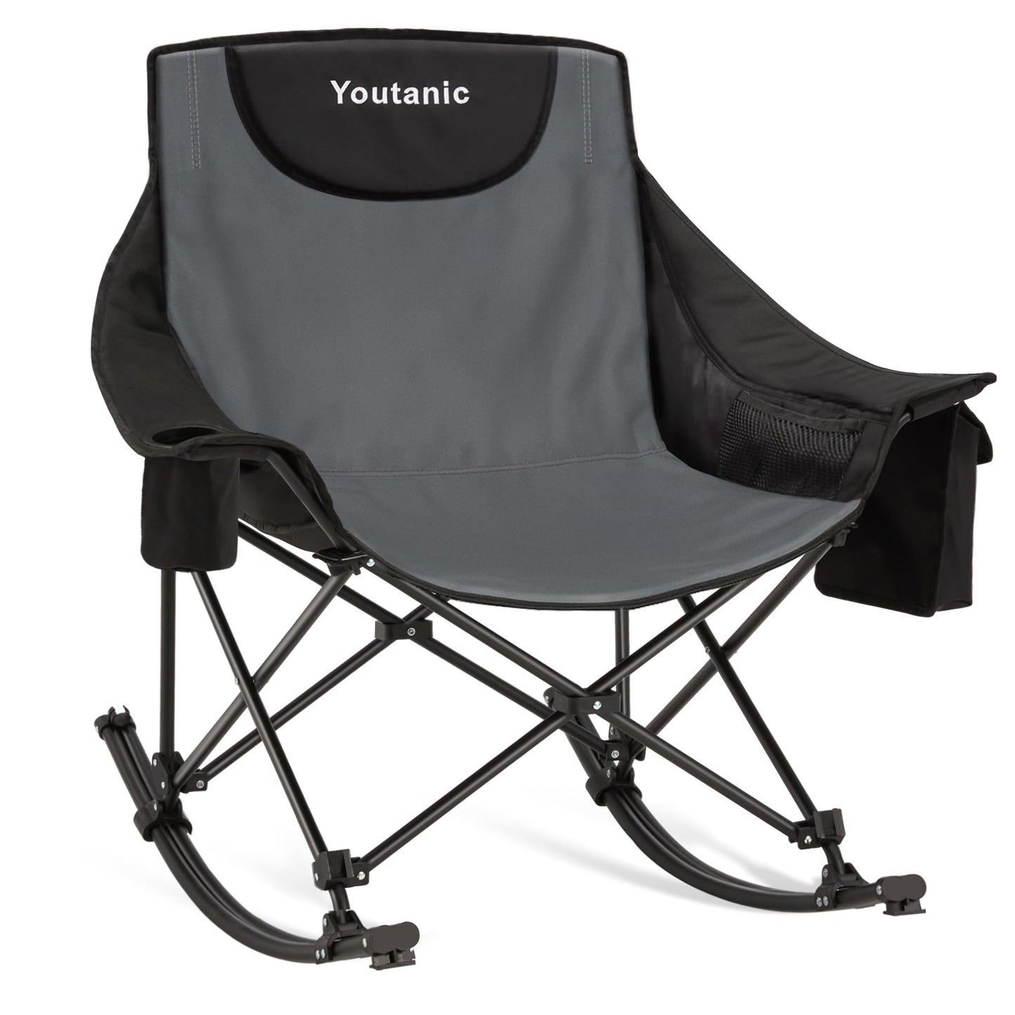 Youtanic Oversized Folding Rocking Camping Chair, Padded Portable Rocking Chair with Pockets, Cup Holder and Carry Bag, Heavy Duty Outdoor Rocker Patio Chair for Garden, Lawn, Yard, Up to 400lbs, Gray