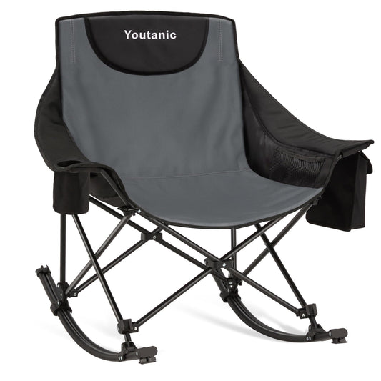 Youtanic Oversized Folding Rocking Camping Chair, Padded Portable Rocking Chair with Pockets, Cup Holder and Carry Bag, Heavy Duty Outdoor Rocker Patio Chair for Garden, Lawn, Yard, Up to 400lbs, Gray
