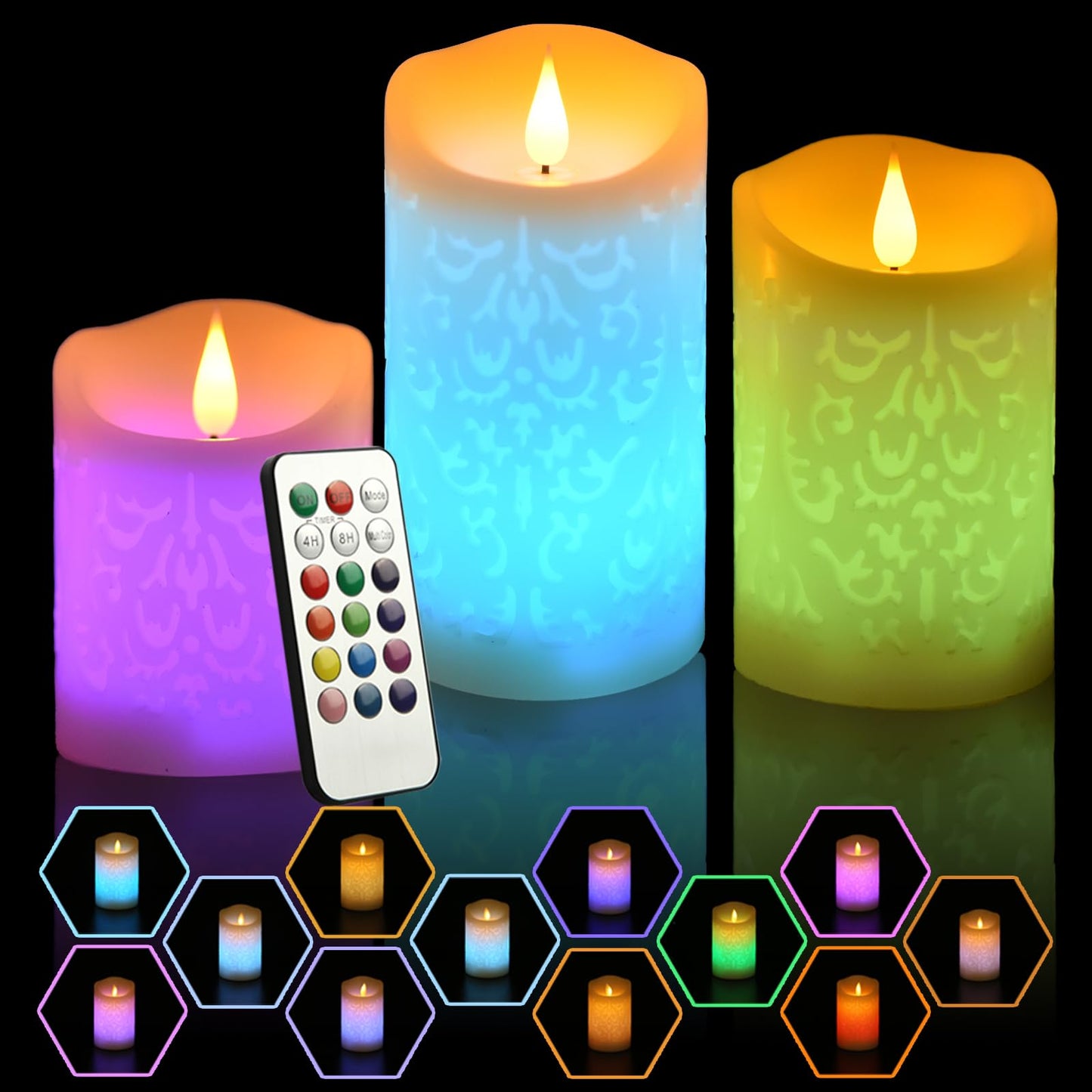 NICEME 3PCS LED Multi Colored Flameless Candles with Remote Control Timer Color Changing Candles Realistic Wax Battery Operated Candles with Flickering Flame, D3 x H4 5" 6"