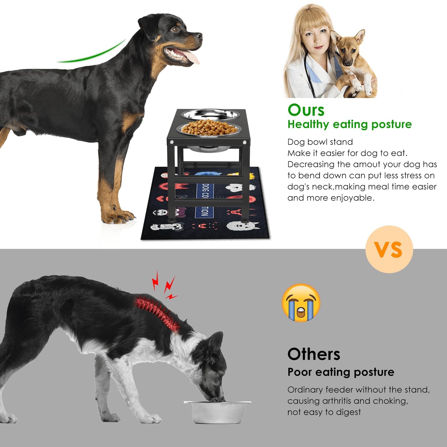 ADENGL Metal Raised Dog Bowl, 10" Tall Elevate Dog Feeder Stand with 2 Stainless Steel 42oz Bowls & 16x24 Non-Slip Mat – Stronger Dogs Food & Water Bowl Stand (Black)