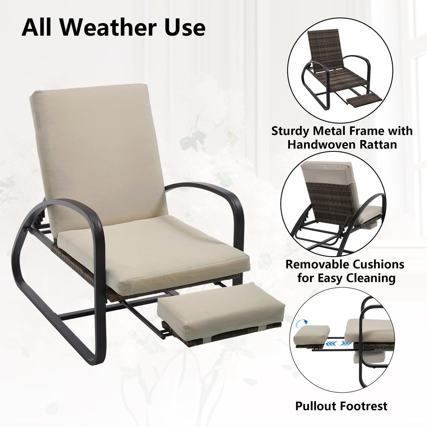 DAYARUS 3 Piece Patio Furniture Set with Pullout Footrest, Adjustable Backrest Patio Conversation Set, Metal Patio Chairs with Coffee Table, Outdoor Furniture Lounge Recliner for Lawn/Balcony, Khaki