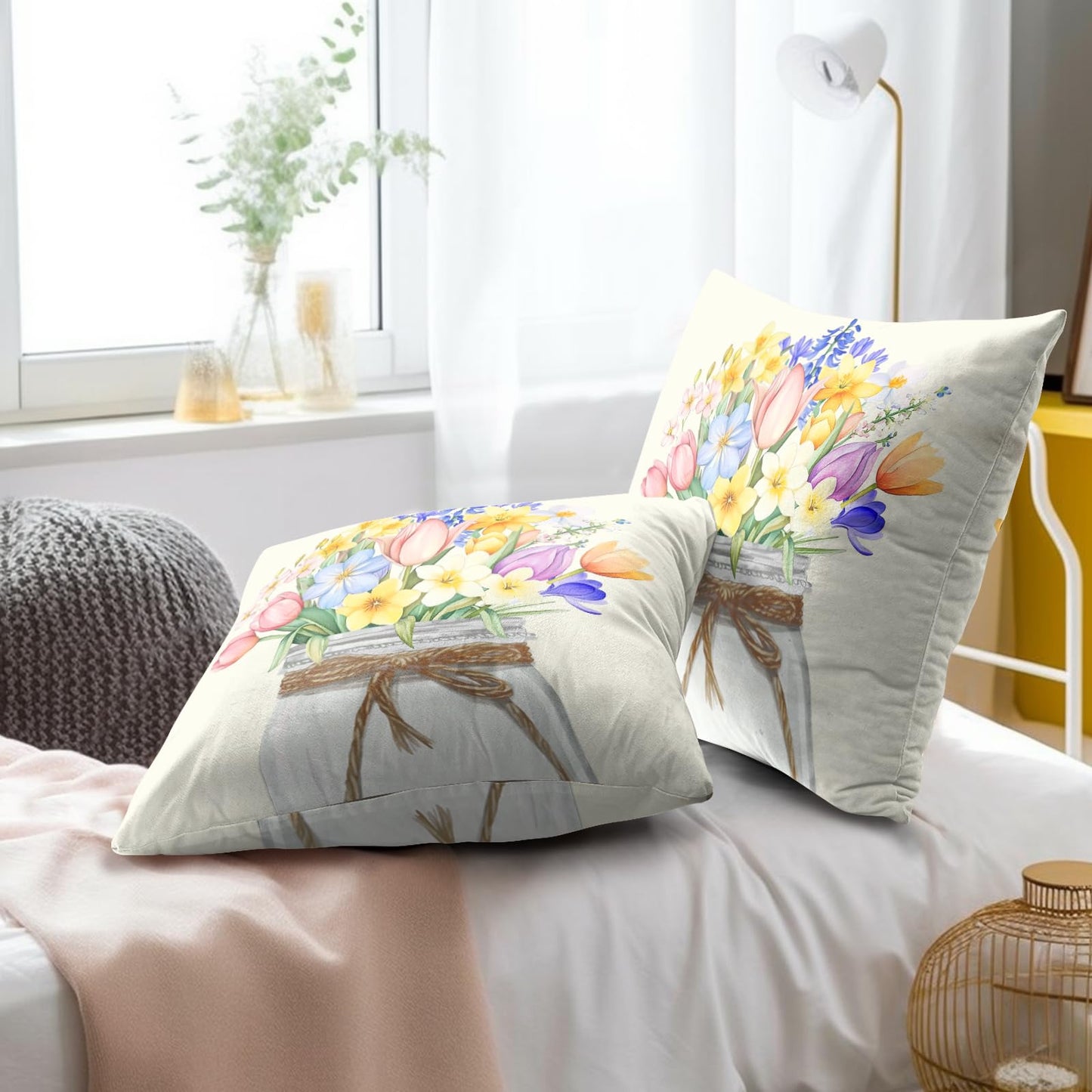 Easter Flowers Throw Pillow Covers 18x18 Set of 2, Spring Tulip Lavender Floral Mason Jar Square Pillowcases Cotton Cushion Cover Decoration for Couch Sofa Living Room Bedroom Home