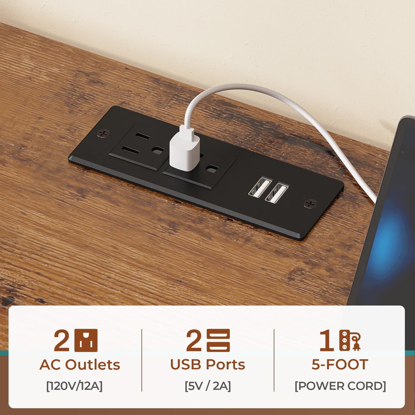 Itaar 47.2 Inch Coffee Bar Cabinet with Power Outlet, Farmhouse Bakers Rack with Storage, Kitchen Microwave Stand with Wine Rack, LED Light, Glass Cabinet, Goblet Holder and 12 Hooks (Rustic Brown)