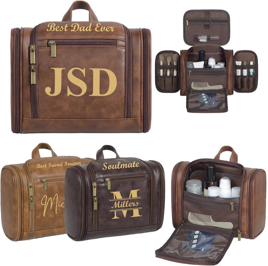 Personalized Toiletry Bag For Men, Large Capacity Travel Doop Kit, Vintage Color PU Leather, Custom Name Initials, Gifts for Dad, Husband, Boyfriend, Groomsmen, Birthday (Style 3)