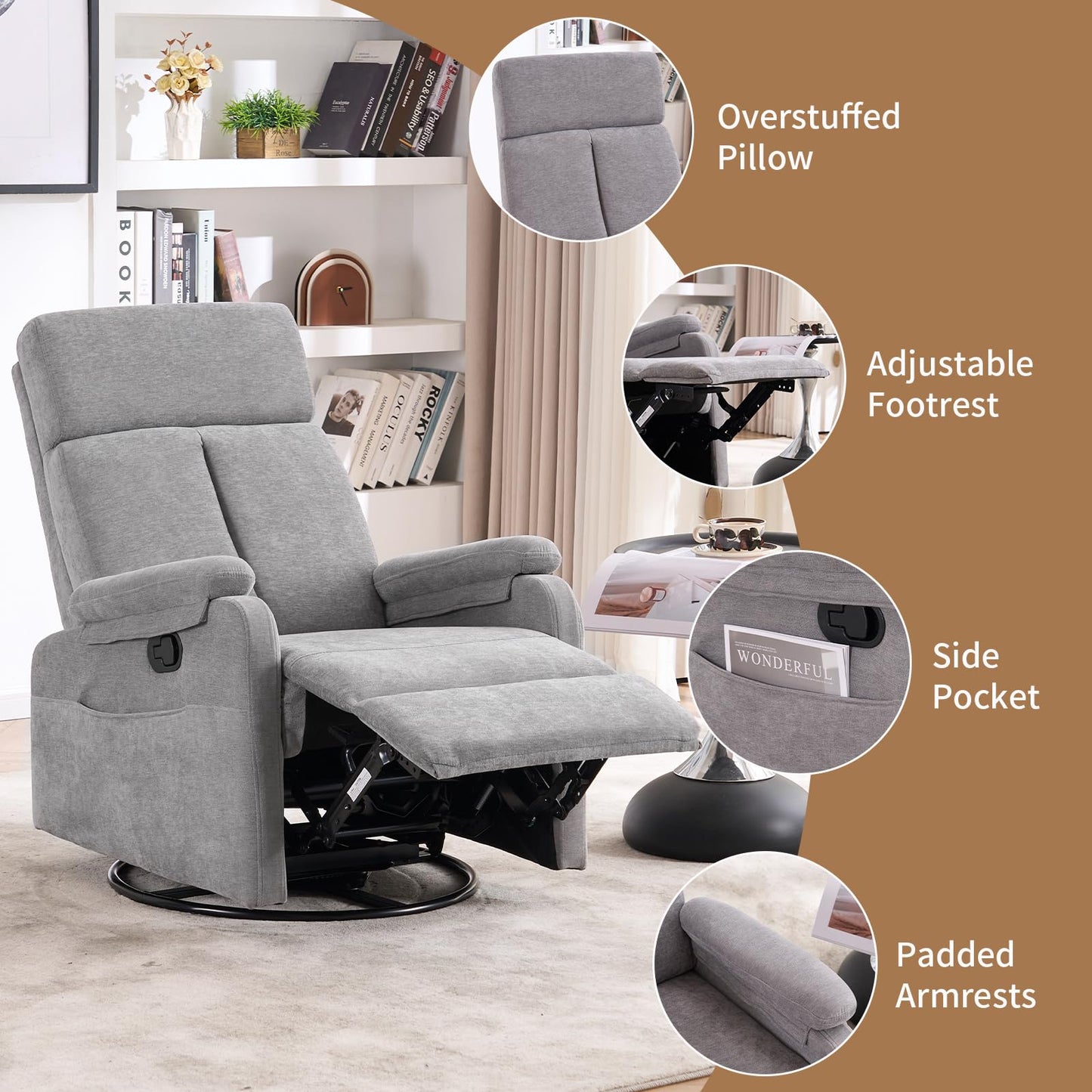 Zuacs Recliner Chair,Swivel Rocking Chair Nursery,Small Rocker Recliner for Small Spaces, Glider Recliner Nursery Chair for Adults with Side Pockets for Living Room, RV, Upholstered Fabric Grey