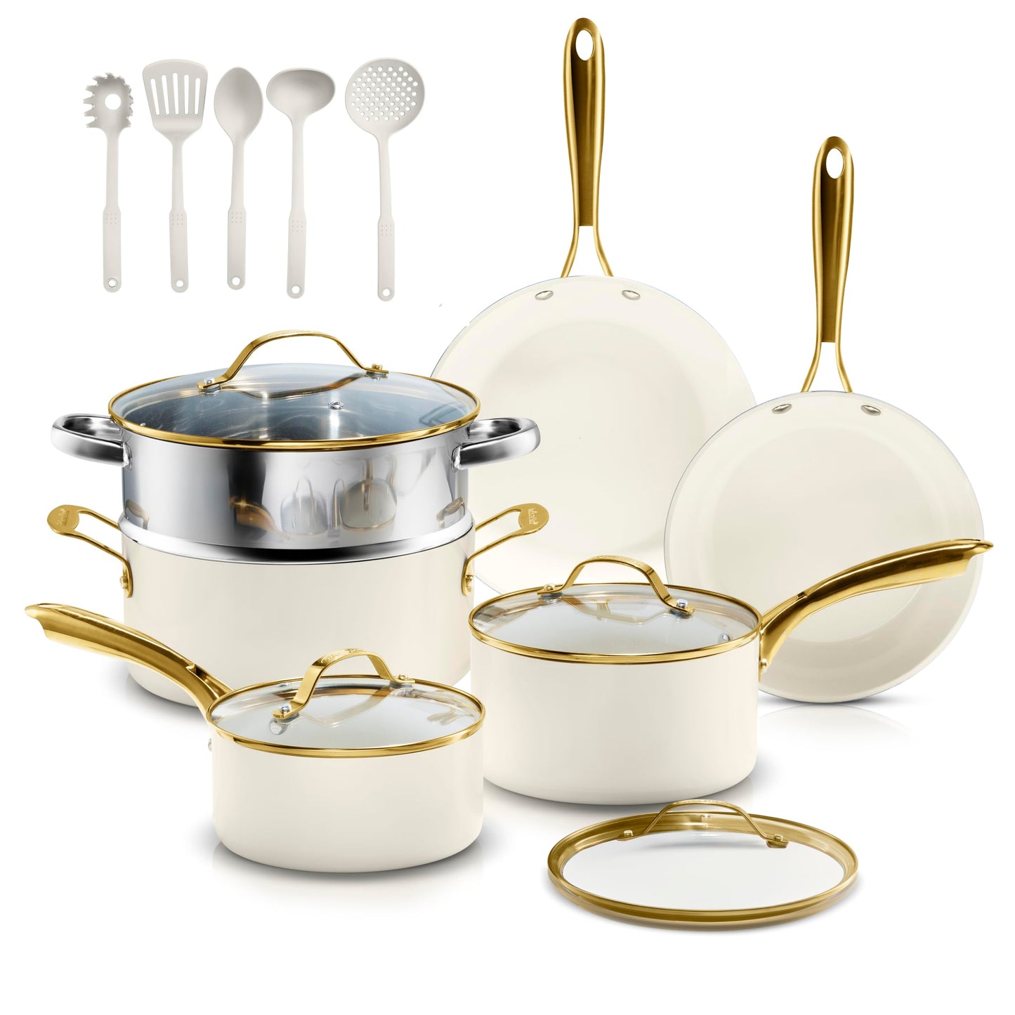 Gotham Steel 15 Pc Ceramic Cookware Set, Ceramic Pots and Pans Set Non Stick with Cooking Utensils and Steamer, Non Toxic PFOA PFOS Free, Premium Gold Stay Cool Handles, Oven & Dishwasher Safe