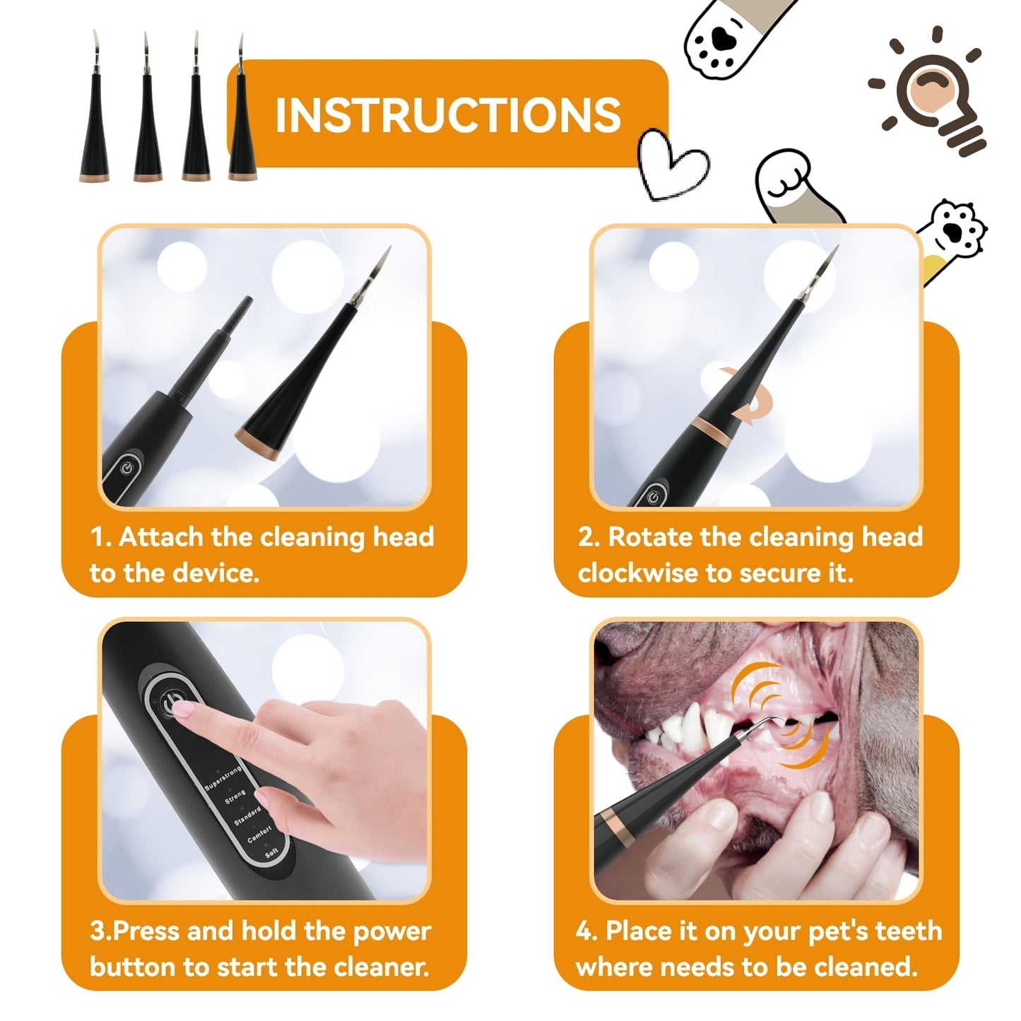 Opdent Dog Plaque and Tartar Remover - Dog Tooth Brushing Kit with LED Light, Electric Toothbrush for Dogs,5 Adjustable Mode& 3 Cleaning Head, Plaque Remover for Teeth Stains for Dogs and Cats