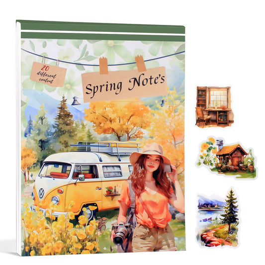 Dwpetzo Spring Notes Landscape Pre-Cut Sticker Book for Journaling, 20 Unique Sheets, Dual Materials Paper PET Stickers for Scrapbooking, Junk Journal Supplies, Planner, Collage, DIY Crafts Art