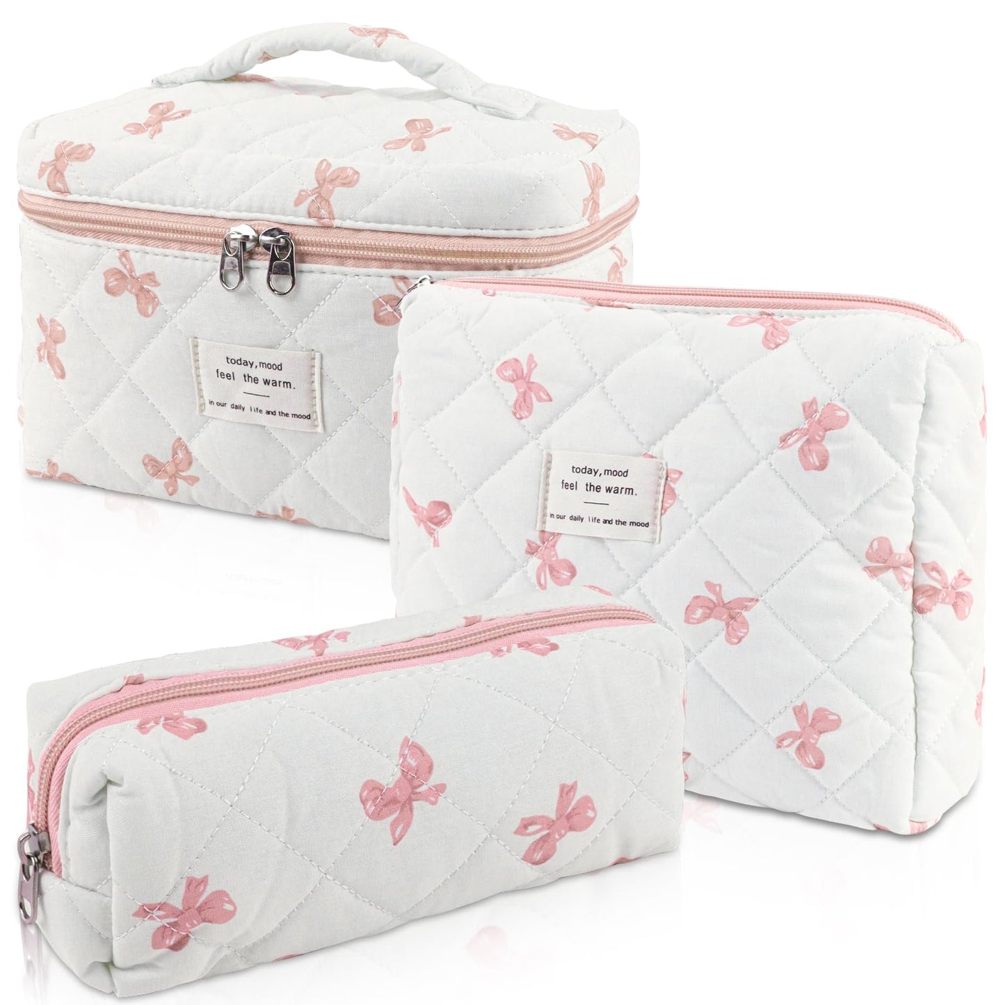 3 Sizes Pcs Cotton Quilted Makeup Bag Set, Travel Toiletry Personalized Cute Blue Floral Cosmetic Makeup Bag Extra Large Small Organizer Bags (Blue floral)