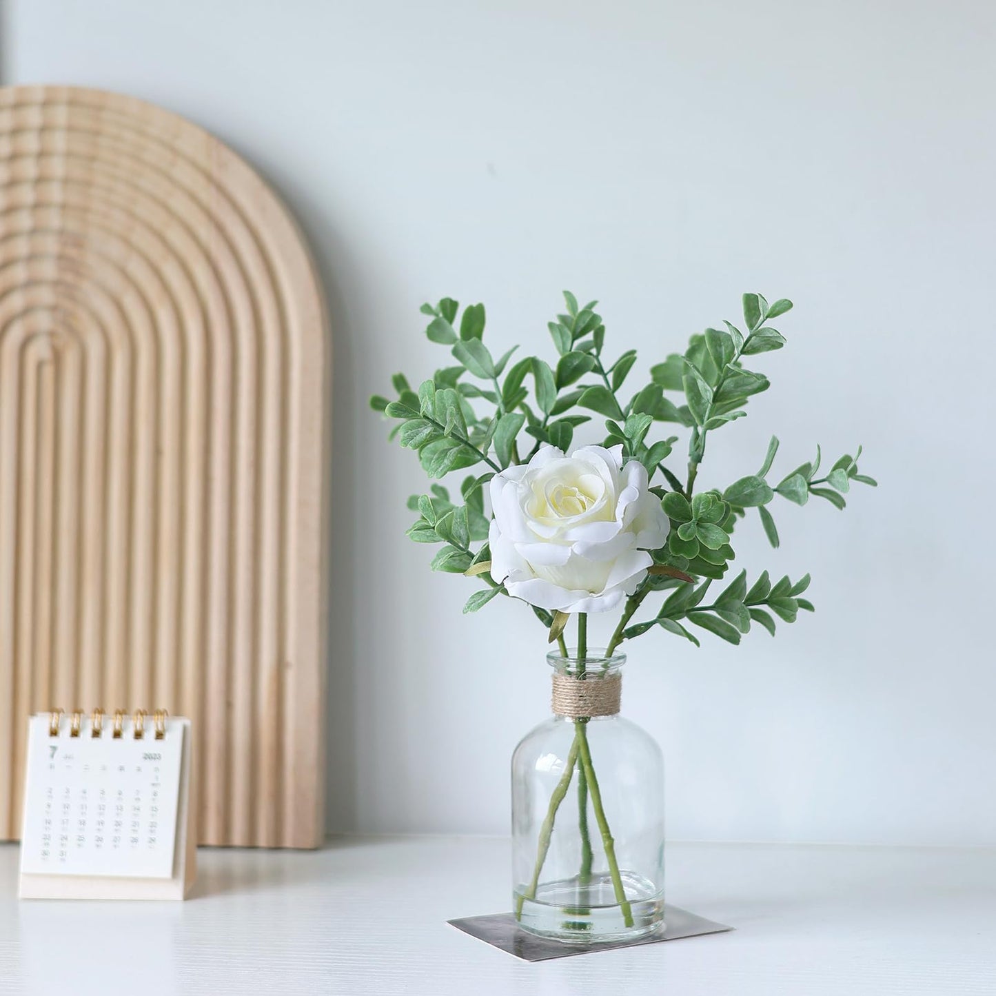 3 Pack Mini Fake Plants and Artificial Flowers with Faux Water in Vase,Silk Roses and Eucalyptus with Fake Water in Glass Vase for Centerpiece Table Decorations Kitchens Office Home decor (White)