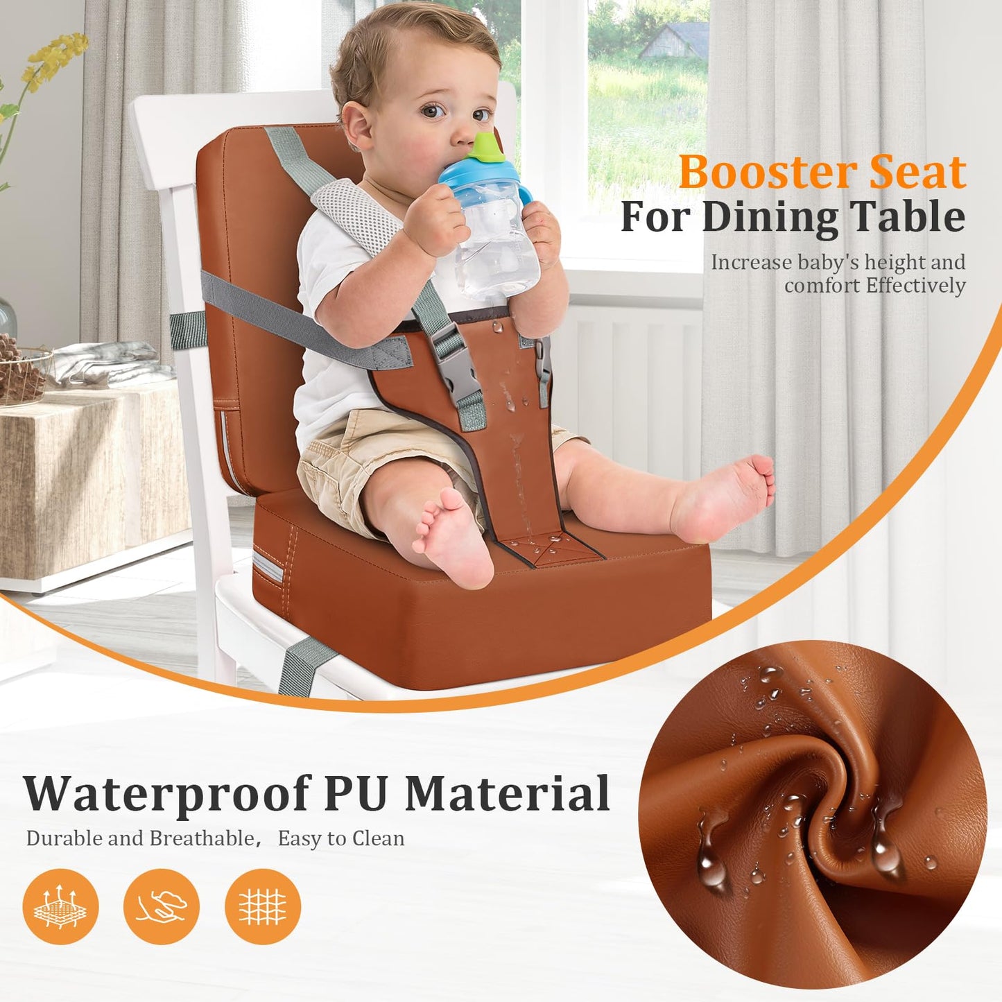 Toddler Booster Seat for Kitchen Chair & Dining Table – Waterproof PU Foam Cushion with Backrest & Safety Straps – Foldable, Lightweight Design for Kids Ages 2-6 – Easy to Clean