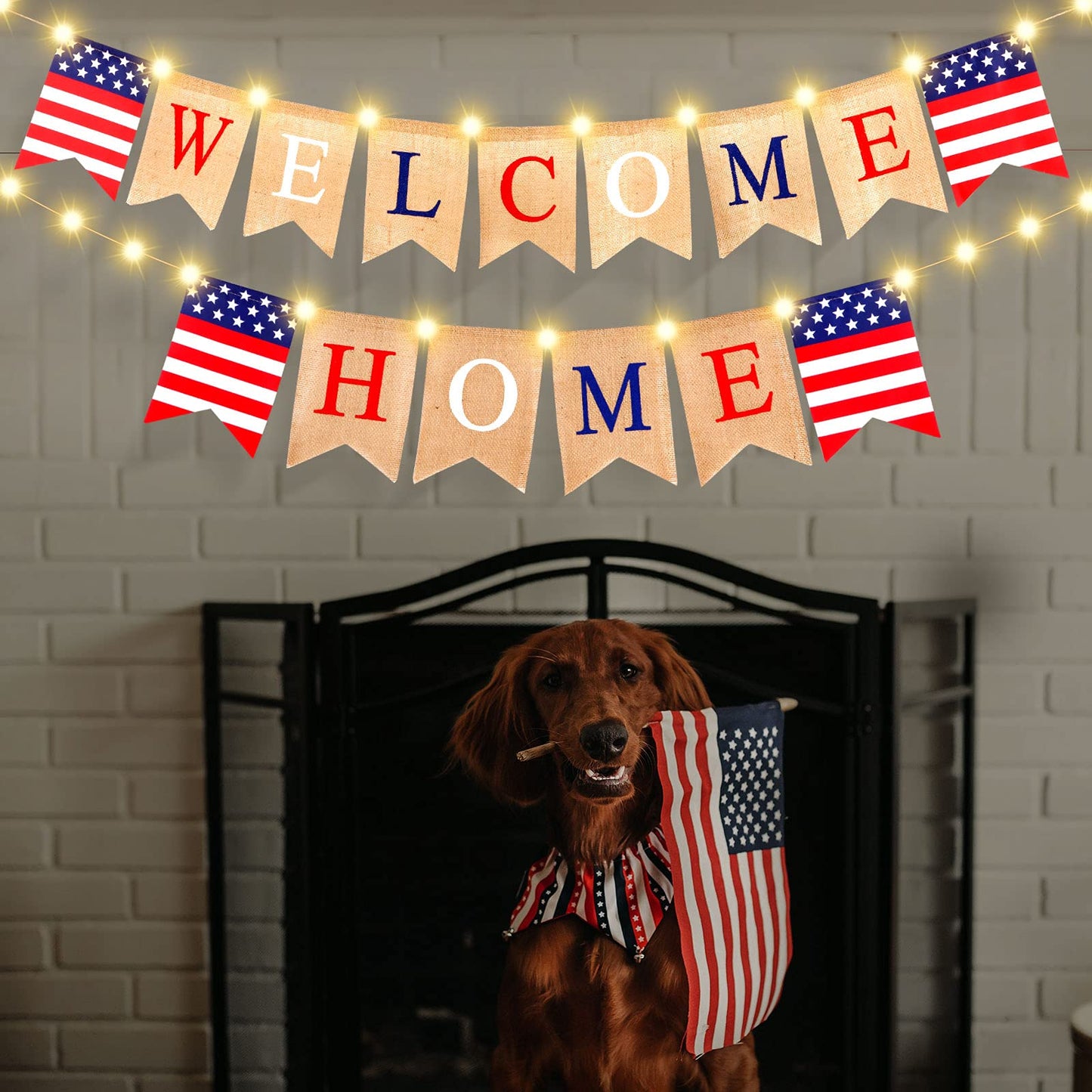 Mudder Welcome Home Banner with LED Decoration Fairy String Light 2 Flicker Mode Patriotic Banner Bunting Welcome Home Sign for Housewarming Military Celebration Family Party Supplies Gifts