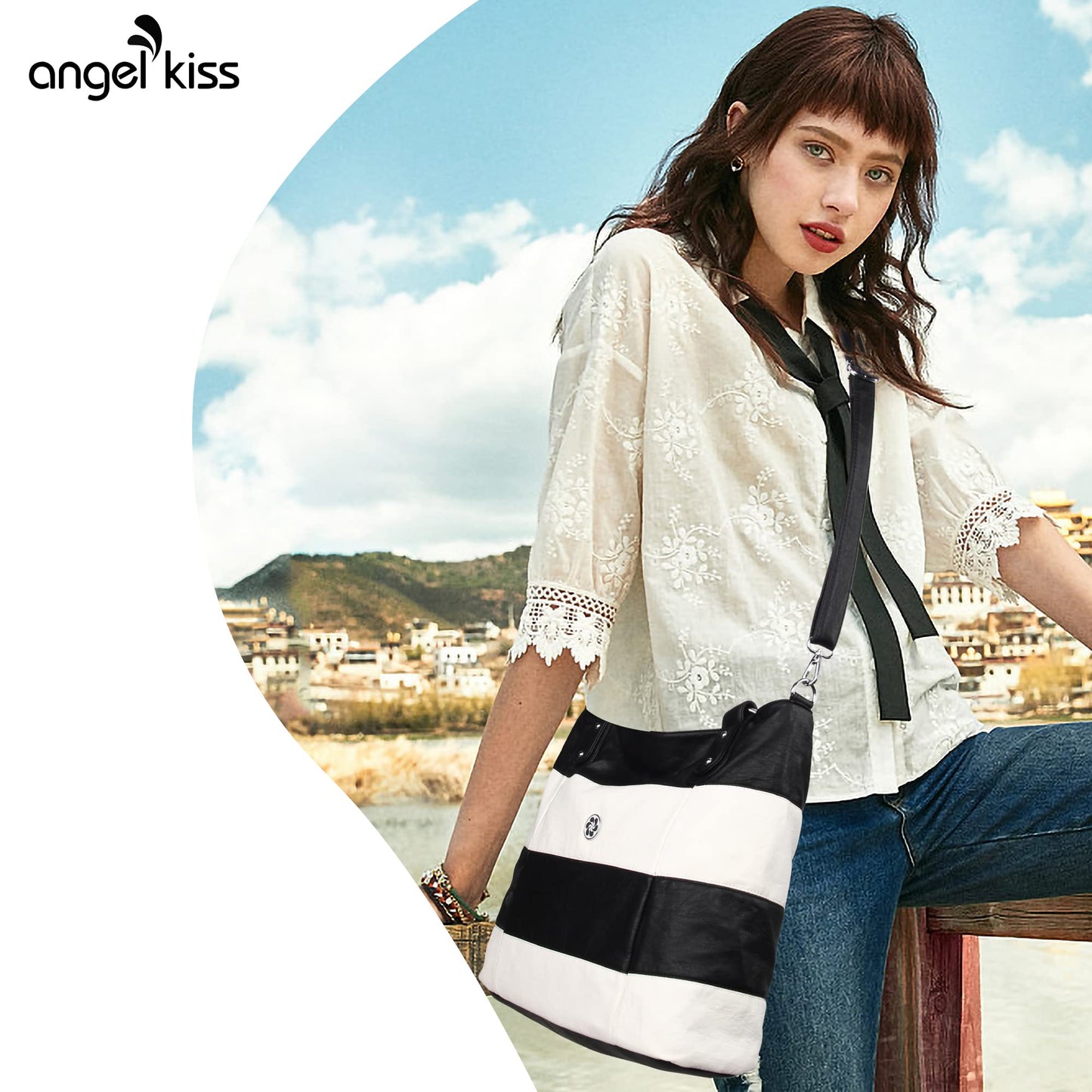 Angel Kiss Hobo Purses for Women Multi-Color Striped Lattice Cross Body Shoulder Purse Bag Tote Handbag