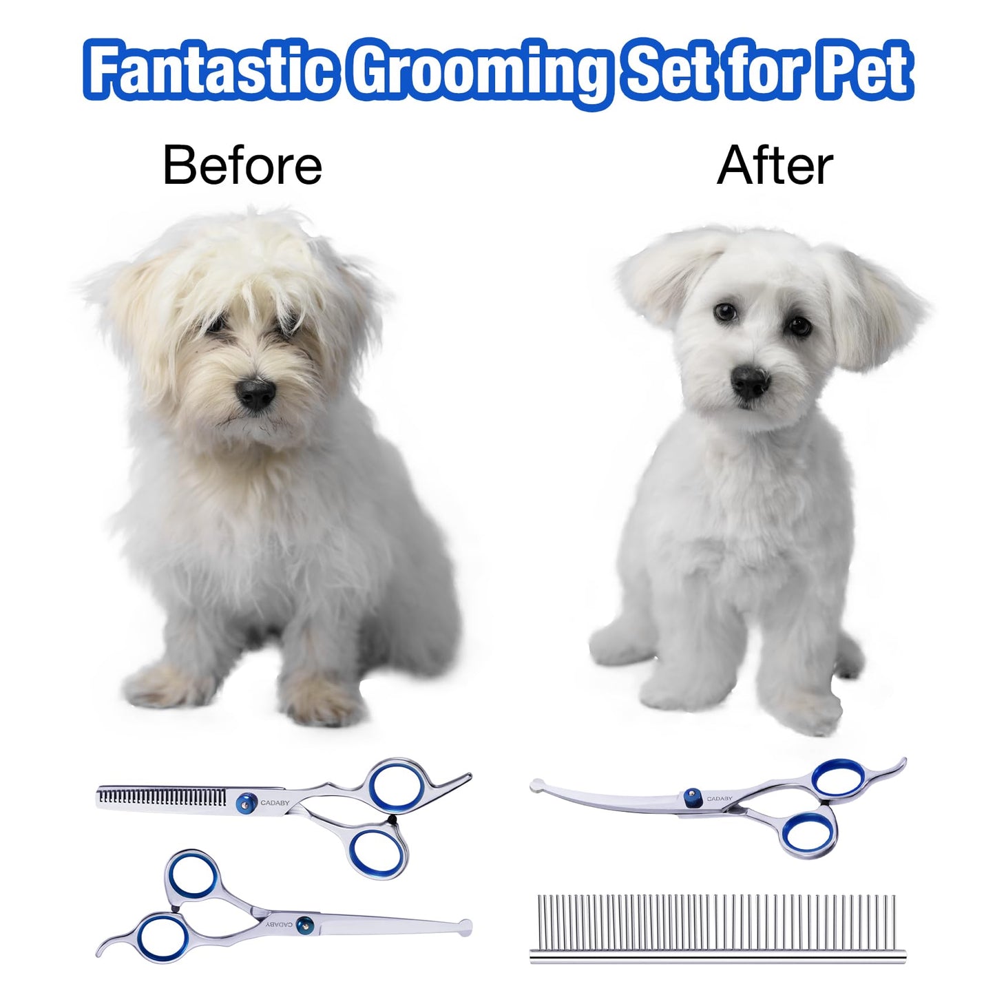 CADABY Dog Grooming Scissors with Safety Round Tips,5 in 1 Dog Grooming Scissors Kit, 4CR Stainless Steel Professional Pet Grooming Shears for Dog, Cat,Sharp and Sturdy