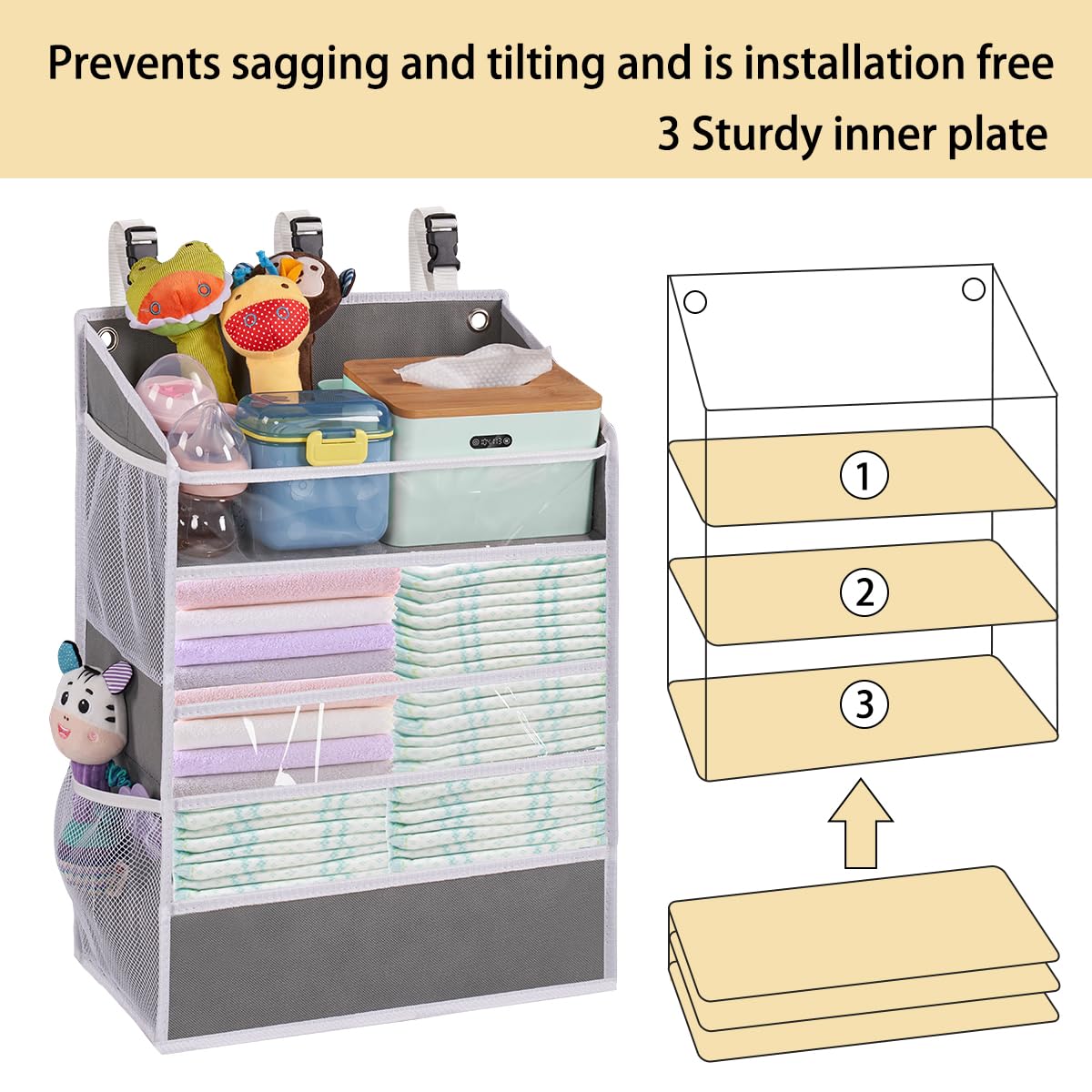 WishJazz XL Hanging Diaper Caddy Organizer for Changing Table, Crib, Playard, Wall & Door, Reinforced Diaper Stacker and Nursery Organizer-Hold 90+Diaper for Newborn Baby Essentials