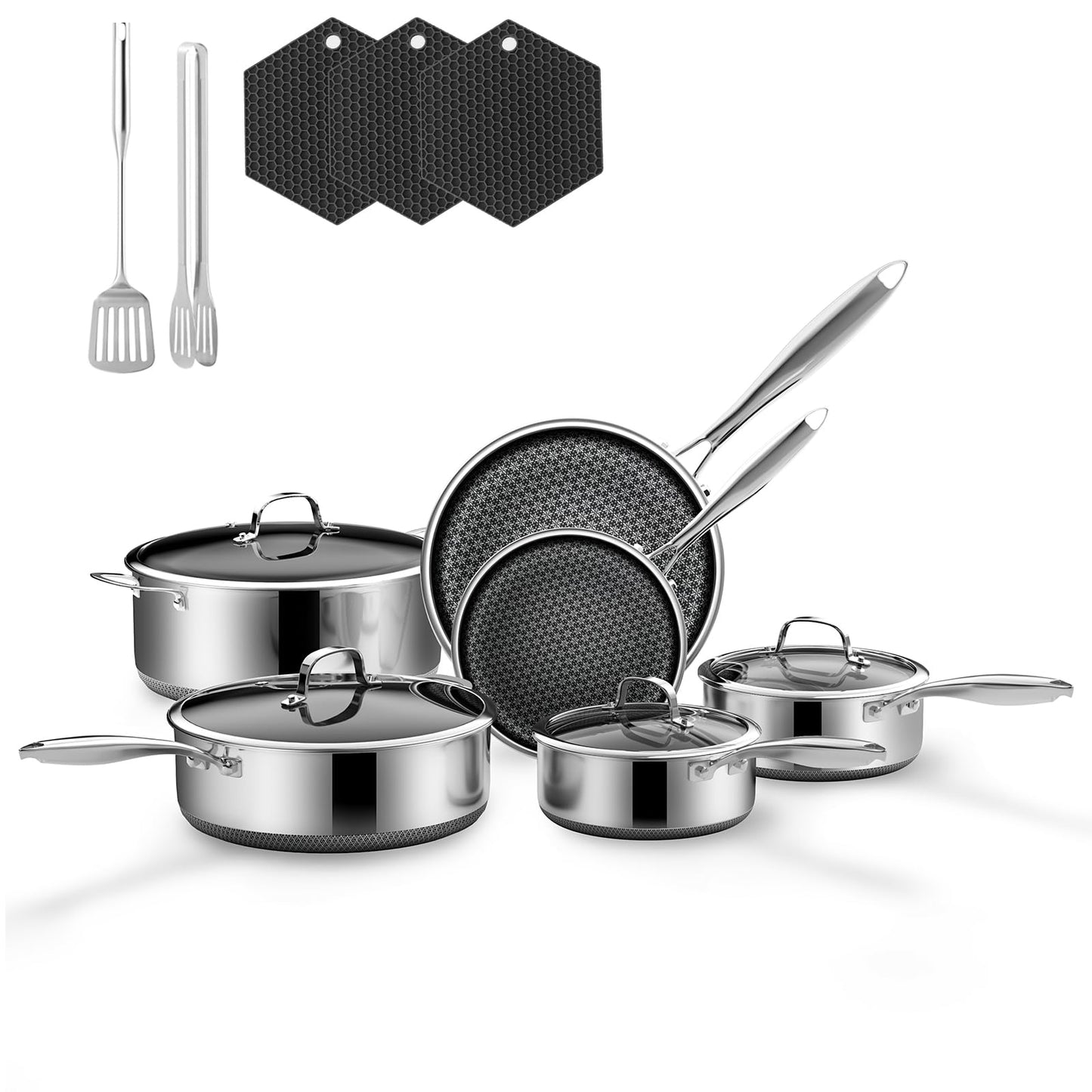 KURRUNGIE Stainless Steel Cookware Set, 15 Pcs Hybrid Pots and Pans Set Non Stick, Kitchen Frying Pans, Saucepans & Stock Pot with Glass Lid, Dishwasher-Safe, Induction Compatible, Non-Toxic