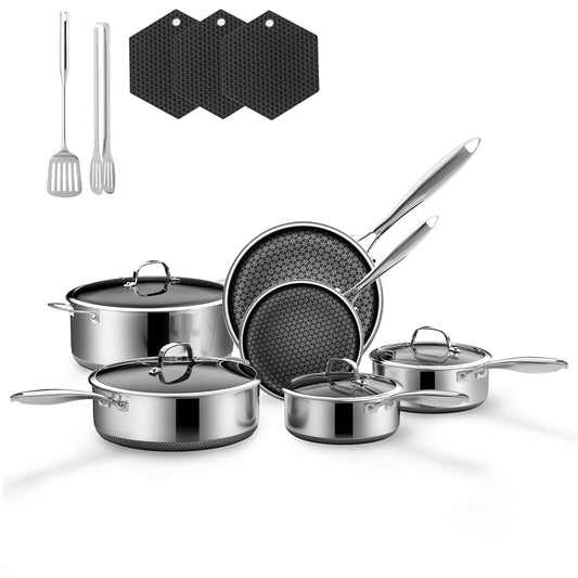 KURRUNGIE Stainless Steel Cookware Set, 15 Pcs Hybrid Pots and Pans Set Non Stick, Kitchen Frying Pans, Saucepans & Stock Pot with Glass Lid, Dishwasher-Safe, Induction Compatible, Non-Toxic