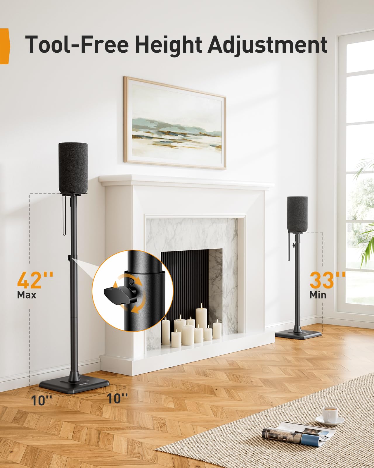 Perlegear Speaker Stands Pair, 33-42 Inch Height Adjustable Stands for Small Bookshelf & Satellite Speakers with Cable Management, 13.2 lbs Capacity, PGSS12