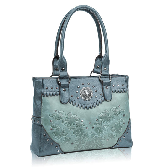 LAVAWA Tote Bag for Women Large Western Purse Ladies Top Handle Shoulder Handbags Vintage Embossed Concho Studs (Blue)