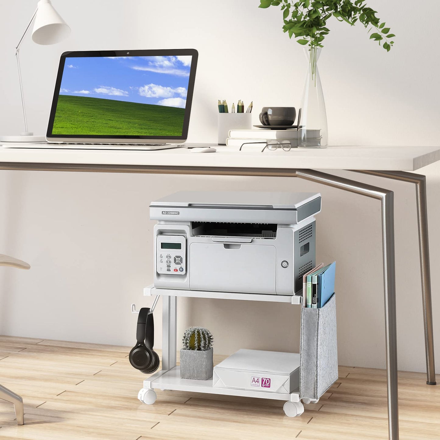 Printer Stand Under Desk Printer Table with Wheels 2 Tier Small Printer Cart with Storage Bag Desktop White Printer Stands for Home Office Fax Machine Scanner Files (White)