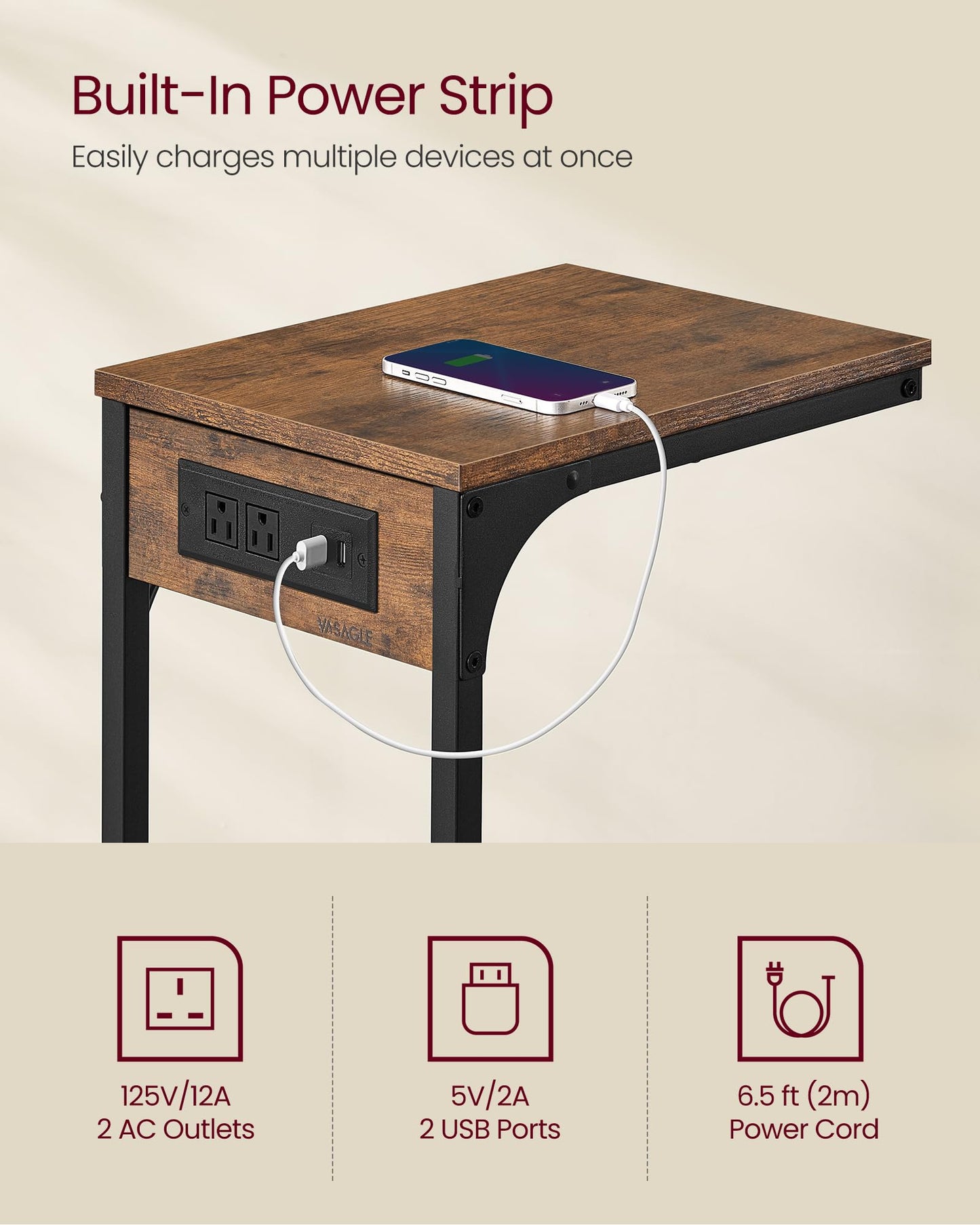 VASAGLE C-Shaped Side Table, End Table with Charging Station, C Table for Couch, Sofa, Adjustable Feet, for Bedroom, Living Room, 2 USB Ports and Outlets, Rustic Brown ULET362K01