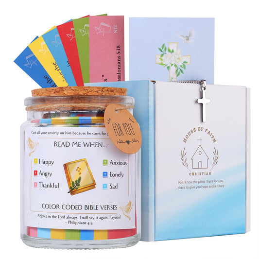 Bible Verse Jar, Christian Gifts For Women Faith, Inspirational Gift for Mom, Read Me When Prayer Bible Jar for Men, Religious Home Decor, 90 Color Coded Scripture Cards with Cross Necklace