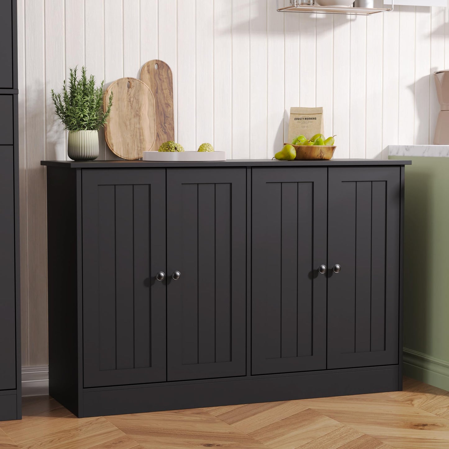 Furnify Sideboard Buffet Cabinet with Storage, 47" W Kitchen Storage Cabinet with 4 Doors, Modern Farmhouse Coffee Bar Station Wood Kitchen Table for Living Room Dining Room, Black