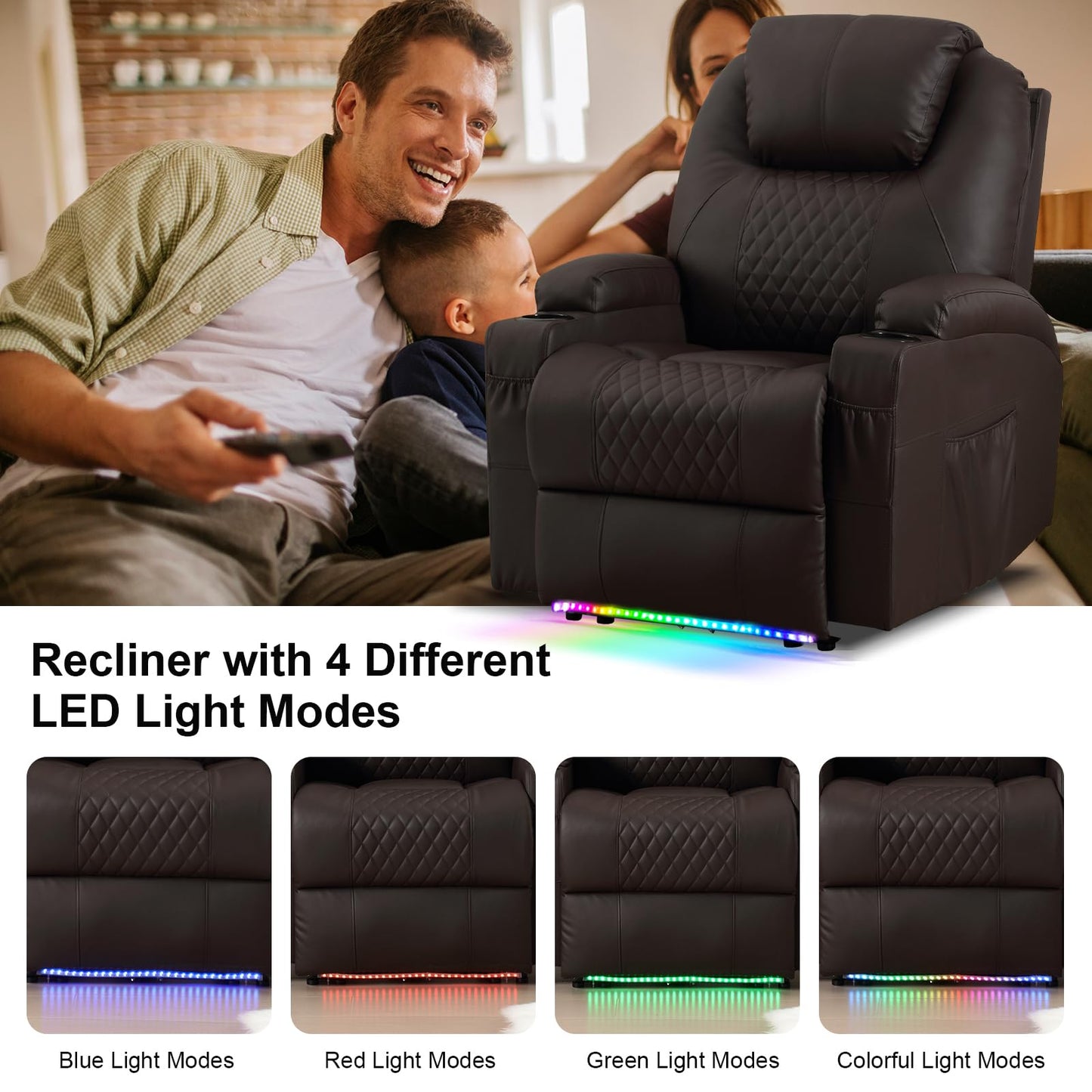 AHMED Power Recliner Chair with Vibration Massage & Heat for Adults, Faux Leather Home Theater Seating with Cup Holders/LED Lights/USB Ports/Side Pockets for Living Room (Brown, Single)