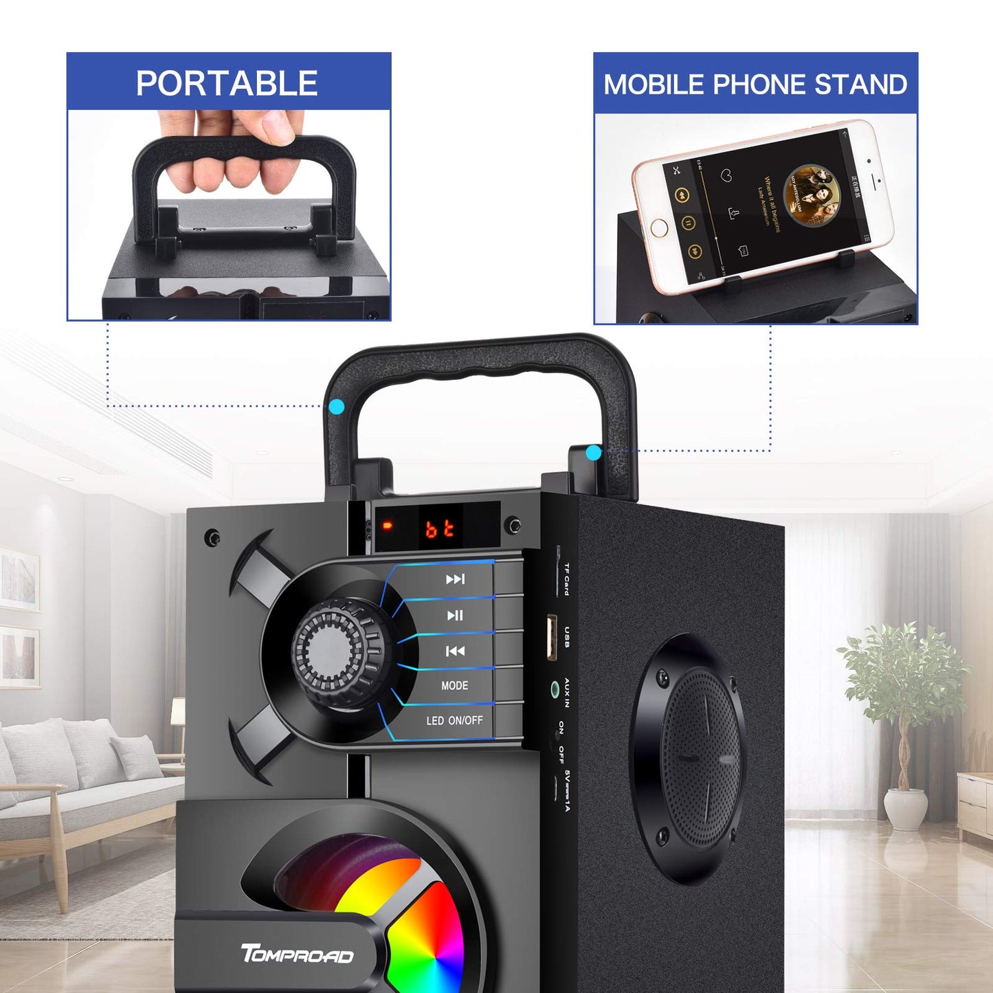 TOMPROAD Bluetooth Speaker, Portable Bluetooth Speakers with Subwoofer Wireless Stereo Sound Rich Bass Outdoor Party Speakers Support Remote Control FM Radio LED Lights