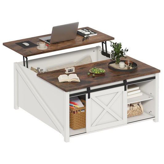 PUKAMI Lift Top Coffee Table with Storage, 31.5" Farmhouse Coffee Table for Living Room, Square Coffee Tables with Large Hidden Storage and Sliding Barn Doors, White