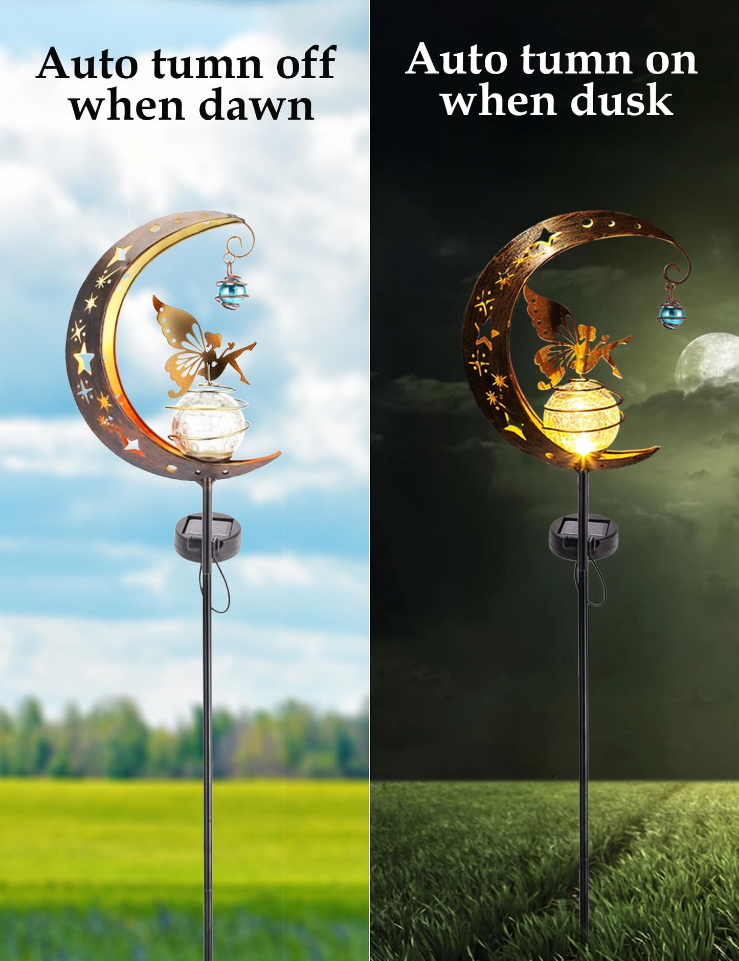 FKKsparkler Solar Powered Garden Decor Lights Moon Fairy Crackle Glass Globe with Gold Angel Decor Waterproof Stake Lights for Pathway, Yard, Lawn, Patio Outdoor Decor Garden Gifts Decoration