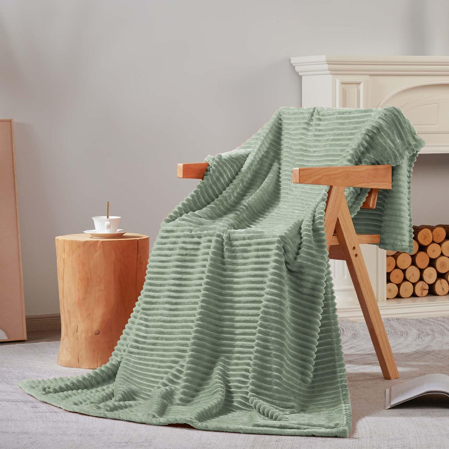 Bnuitland Sage Green Flannel Throw Blanket,300GSM Super Soft Fleece Stripe Pattern Sofa Blanket for Adults and Kids, Lightweight Cozy Bed Throw for Home Decor All Season