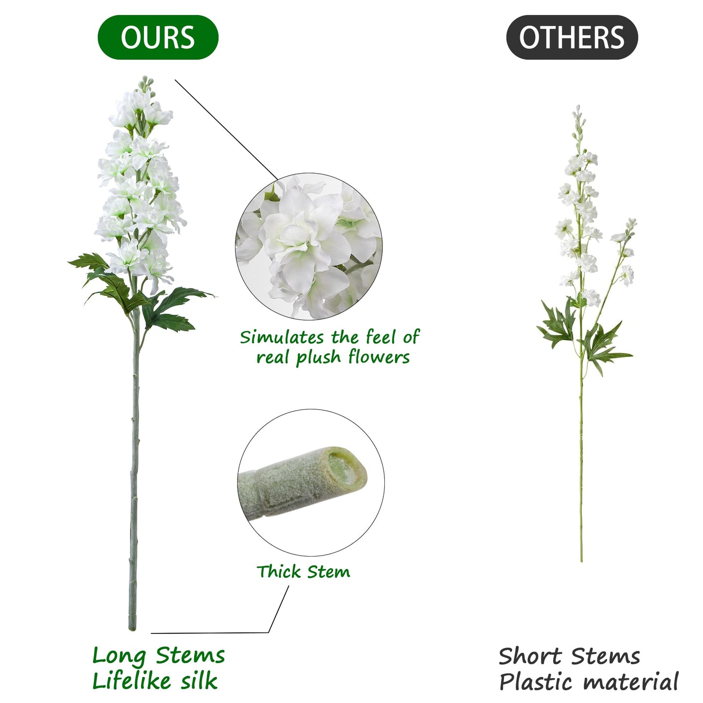 Fake Flowers Artificial Flowers Delphinium Fake Flowers 23.6” Long Stem Artificial Flowers for Tall Vase Silk Flowers for Home Decor Indoor Wedding Aisle Decoration Spring Flowers (White) 8Pcs