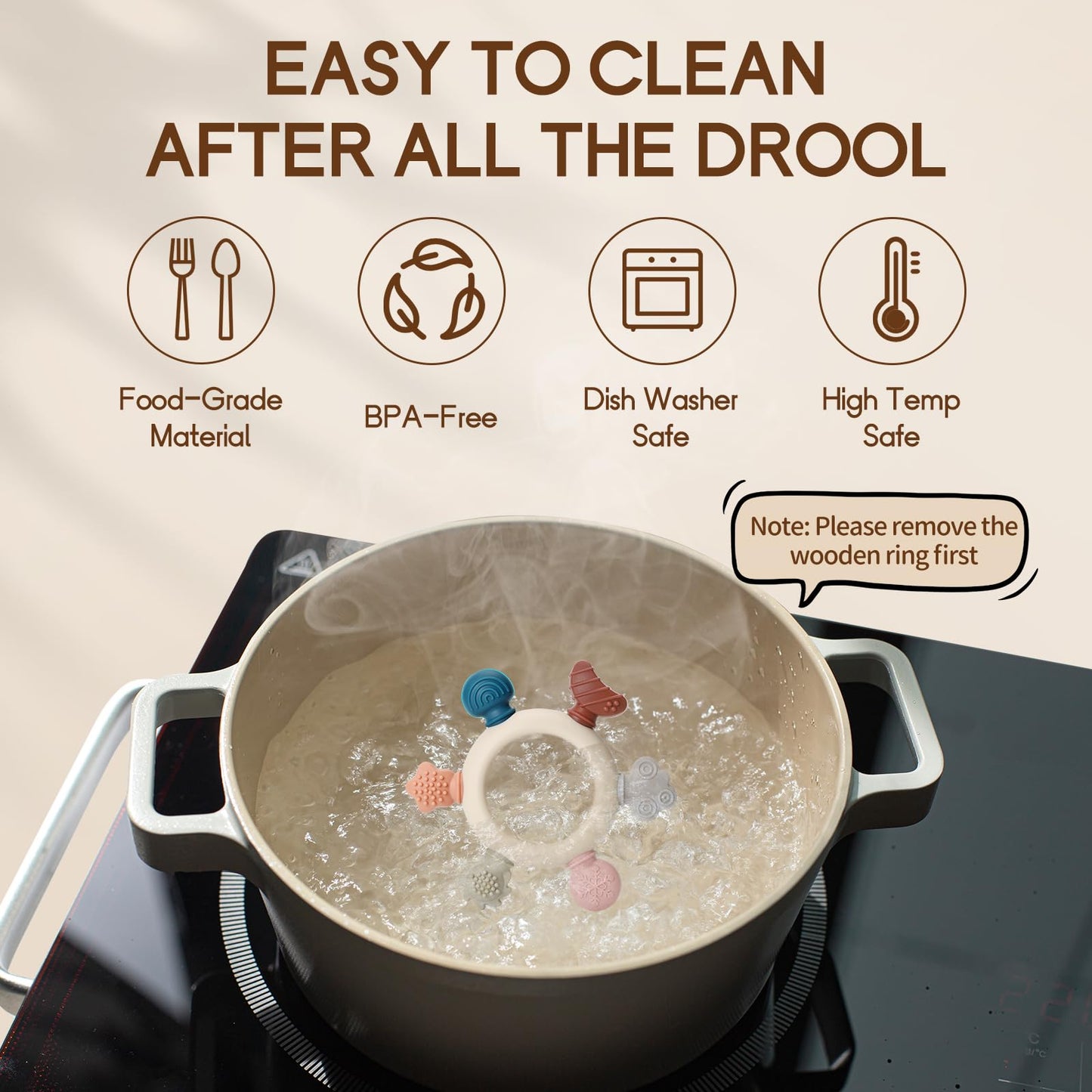 AULEGE 2 Packs Baby Teething Toy for Babies 0-3-6-12,18 Months, BPA Free Silicone & Natural Beech Baby Teething Ring for Teething Relief, Wooden Ring Toy for Newborn Boys, Girls