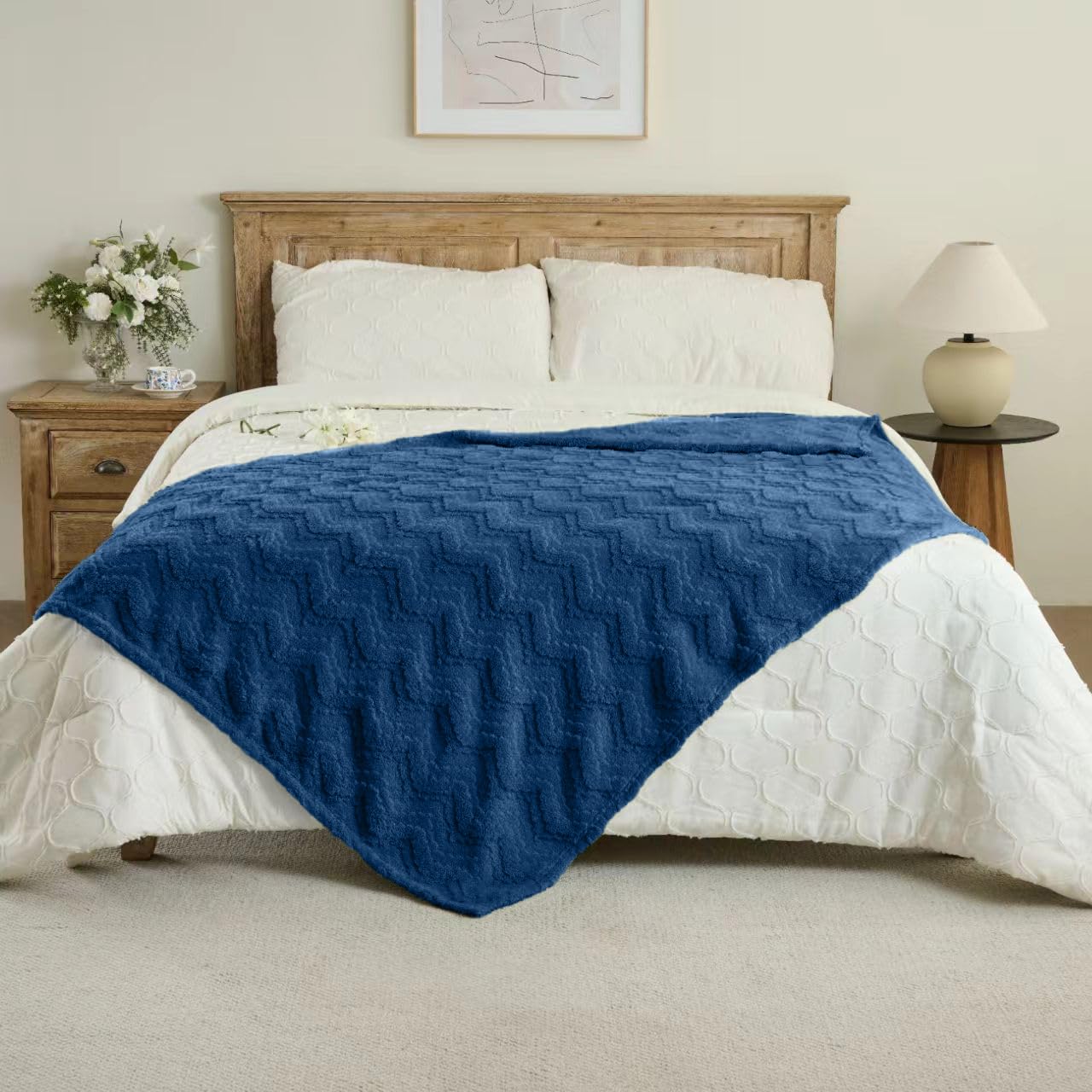 3 Layer Jacquard Throw Blanket - 50x70 Inch Soft Fleece with Wave Pattern, Navy Plush Cozy Blanket for Sofa, Couch, Bed & Chair, All Season Decorative Blanket for Living Room & Bedroom