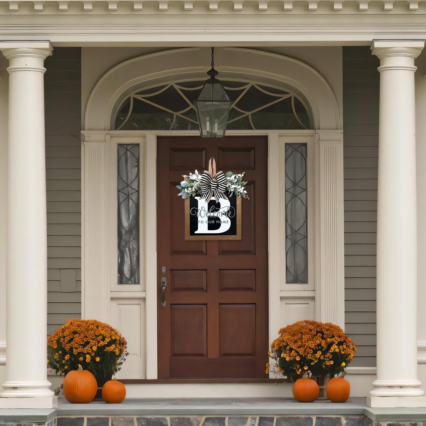 Ultra Large 14'' Last Name All Year Round Front Door Wreath with 26 Initial Letter Welcome Sign All Seasons Eucalyptus Garland and Bow Wreaths for Front Door Porch Farmhouse Decoration (B)