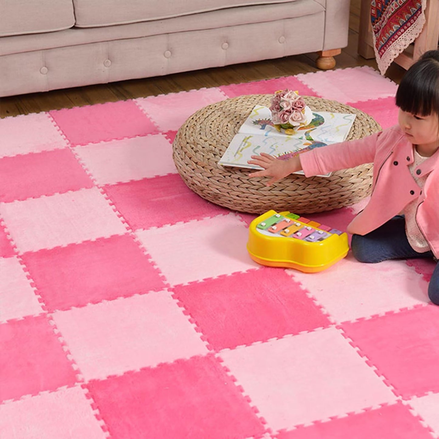 Typutomi 12pcs Plush Puzzle Foam Floor Mat, Soft Thicken Fluffy Interlocking Square Foam Tiles Area Rugs Carpet for Parlor Bedroom Decoration(11.8x11.8x0.55in,Rose Red&Pink)