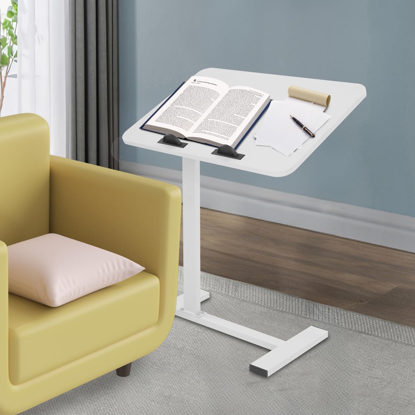 Adjustable Overbed Side Table with Wheels, C Shaped Laptop Desk, Mobile Standing Computer Tray Tables, Rolling 180°Swivel Top Flip Laptop Stand Table for Sofa and Bed, Home Office Use (White)