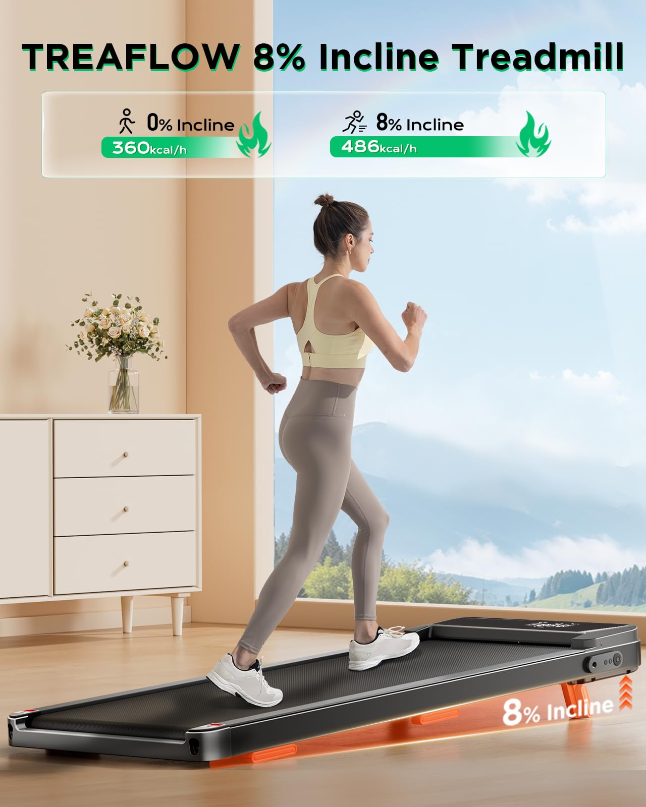 TREAFLOW Walking Pad,Treadmill with Incline for Home, 2.5HP Portable Under Desk Treadmill with 265 Lbs