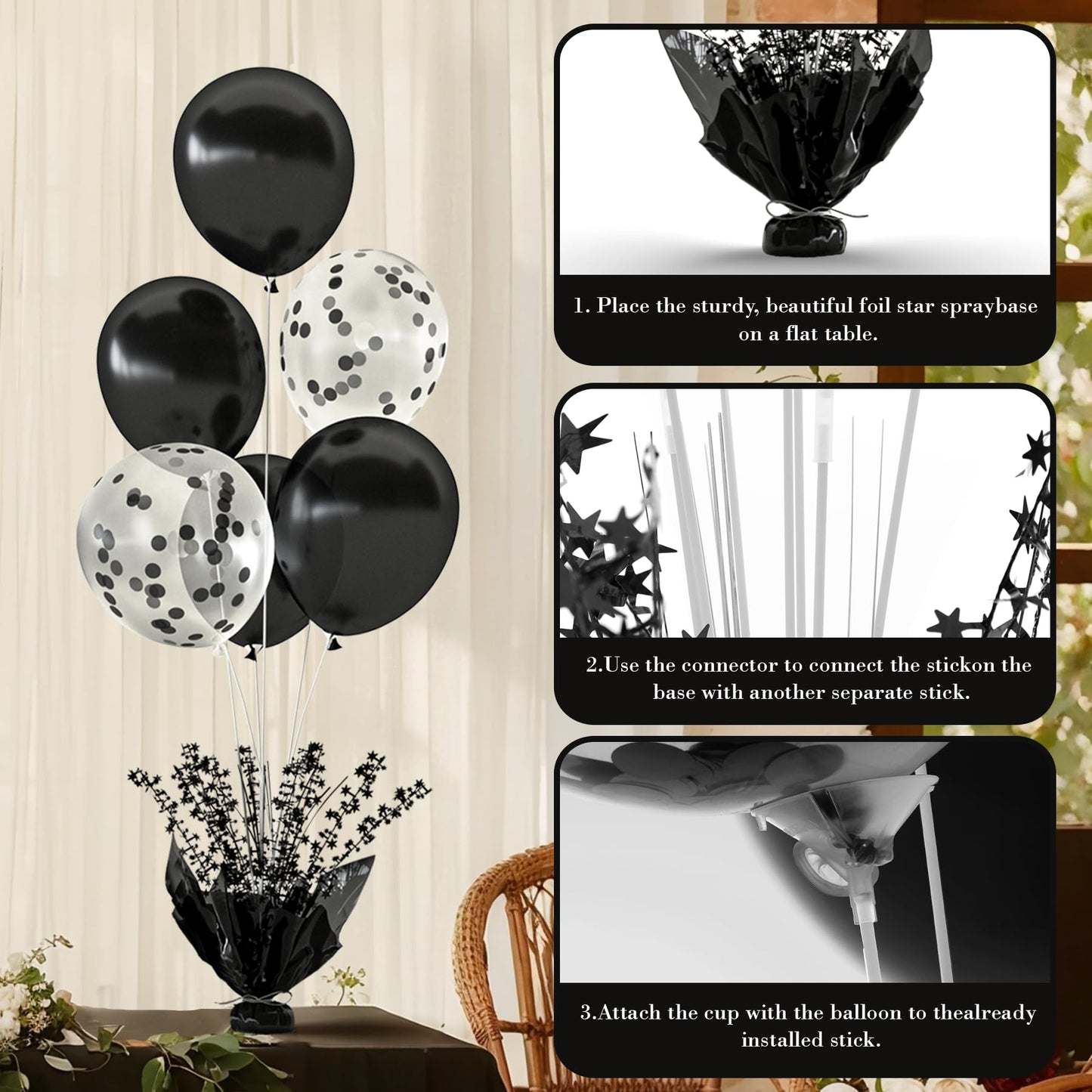 2 Set Black Table Balloons Foil Spray Centerpiece with Black and Confetti Balloons Stand Kit for Birthday Party Baby Shower Wedding Bridal Shower Prom Retirement Graduation Table Decorations