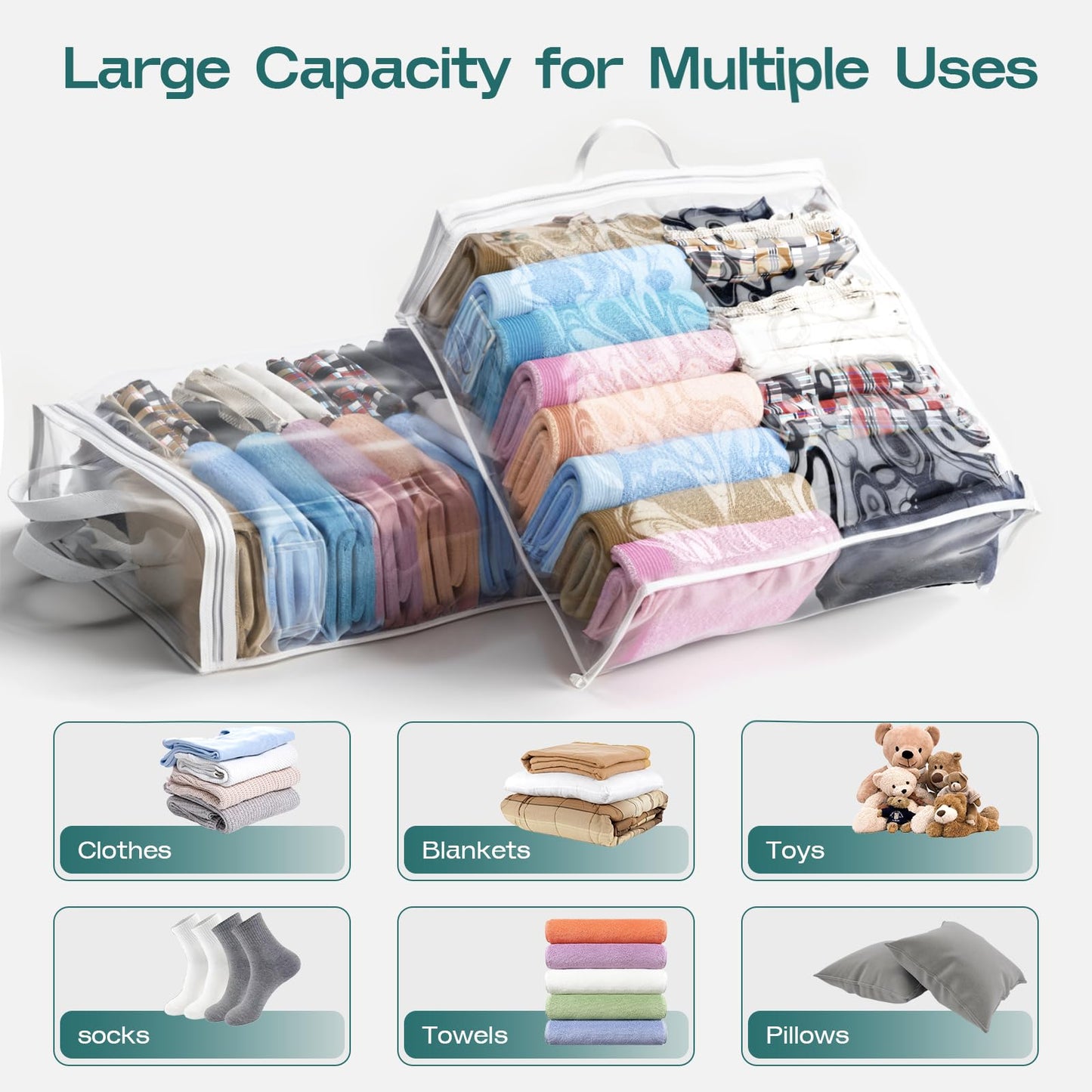 5PACK Clear Zippered Storage Bag for Clothes, 22L Clear Storage Bags, and Blanket Storage Bags for Bedding, Blankets, Comforters, Clothing, Books, DVD & CD (White)