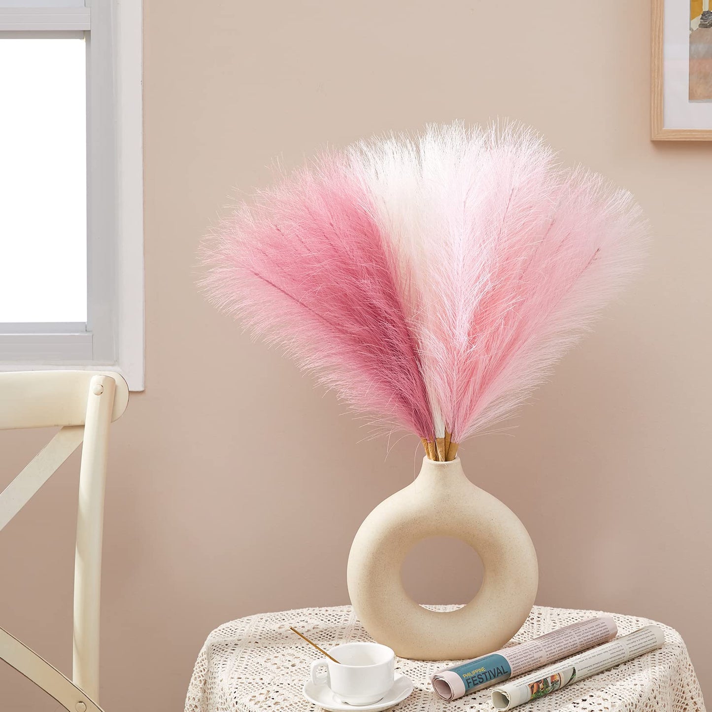 Serwalin Pampas Grass Pink Decor 17.7 Inch 6pcs, Faux Pampas Grass Home Decor, Artificial Pampas Grass Blush Fake Pampas, Short Vase Room Christmas Decoration