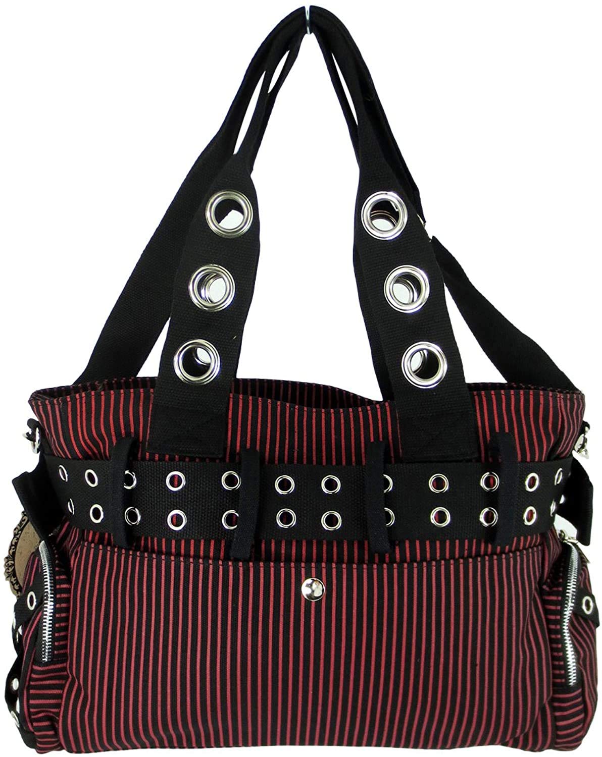 Lost Queen Striped Punk Rock Steampunk Purse with Handcuff Skull Charm (Red)