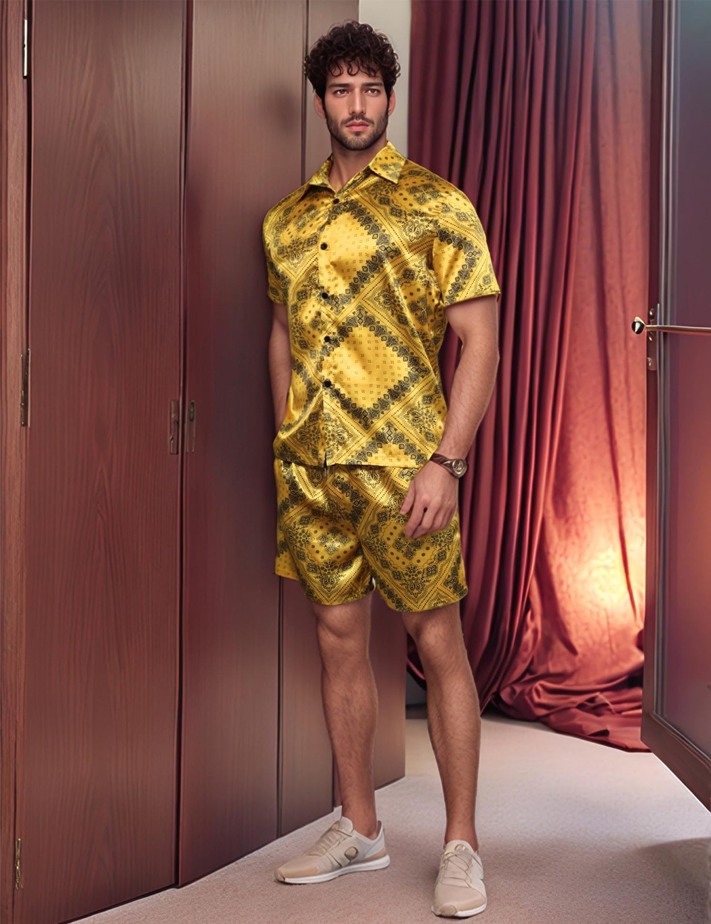 ZSJR Mens Hawaiian Shirt Sets Satin Silk Casual Button Down Shirts 2 Piece Luxury Summer Beach Outfits for Men