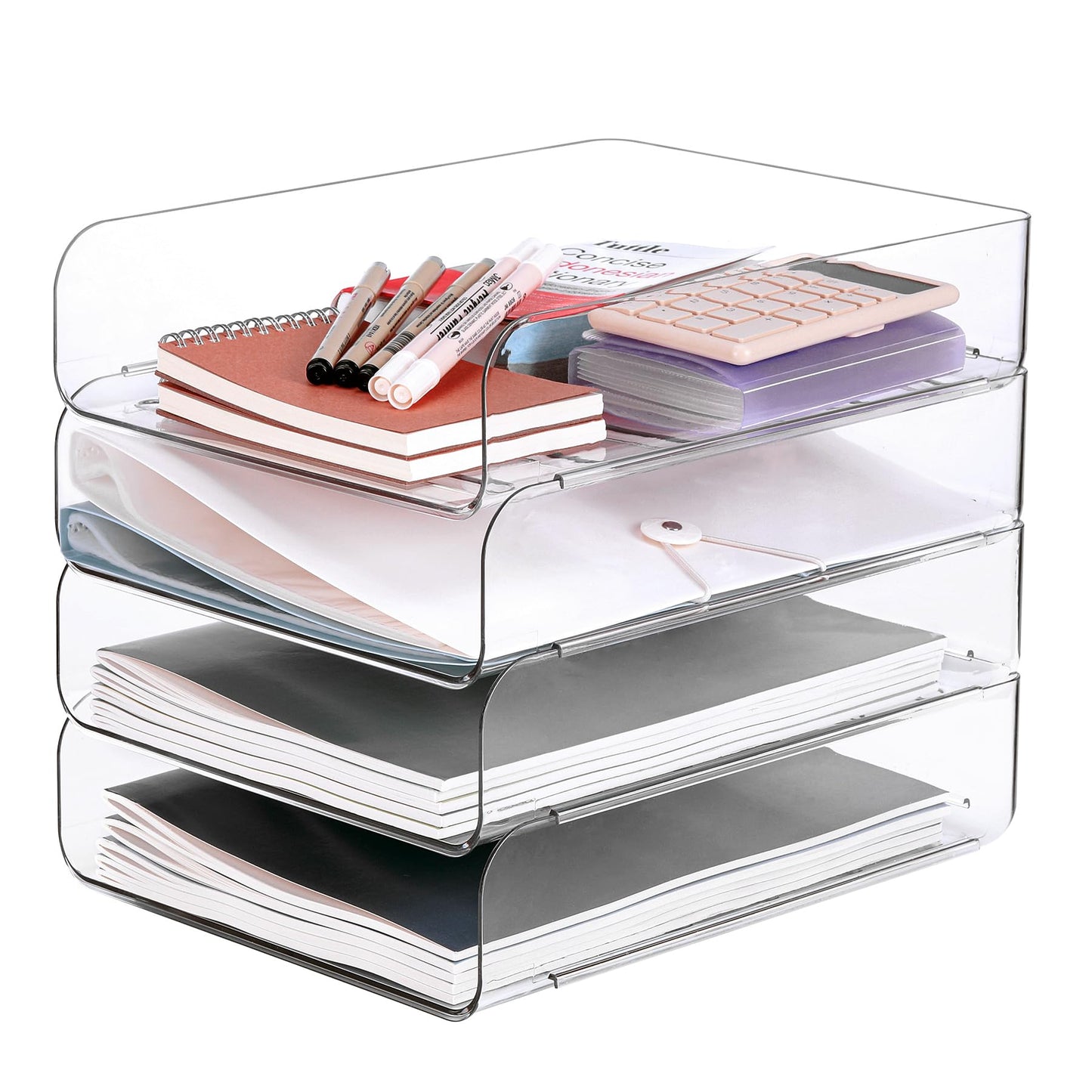 Set of 4 Office Organization and Storage, Clear PET Letter Tray Desk Organizer, Stackable Document and File Paper Organizer for Office Supplies
