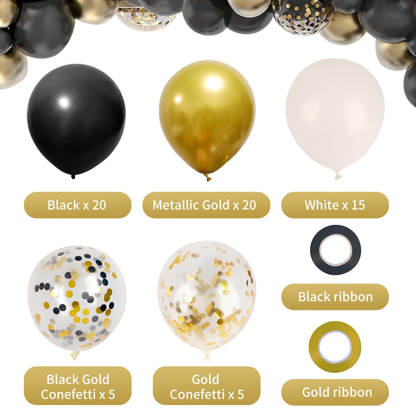 RUBFAC 65pcs 12 Inches Black Gold Confetti Balloons Kit, Metallic Gold and Black White Party Balloons with Ribbons for Birthday, Wedding, Baby Shower, Graduation, Happy New Year Decorations