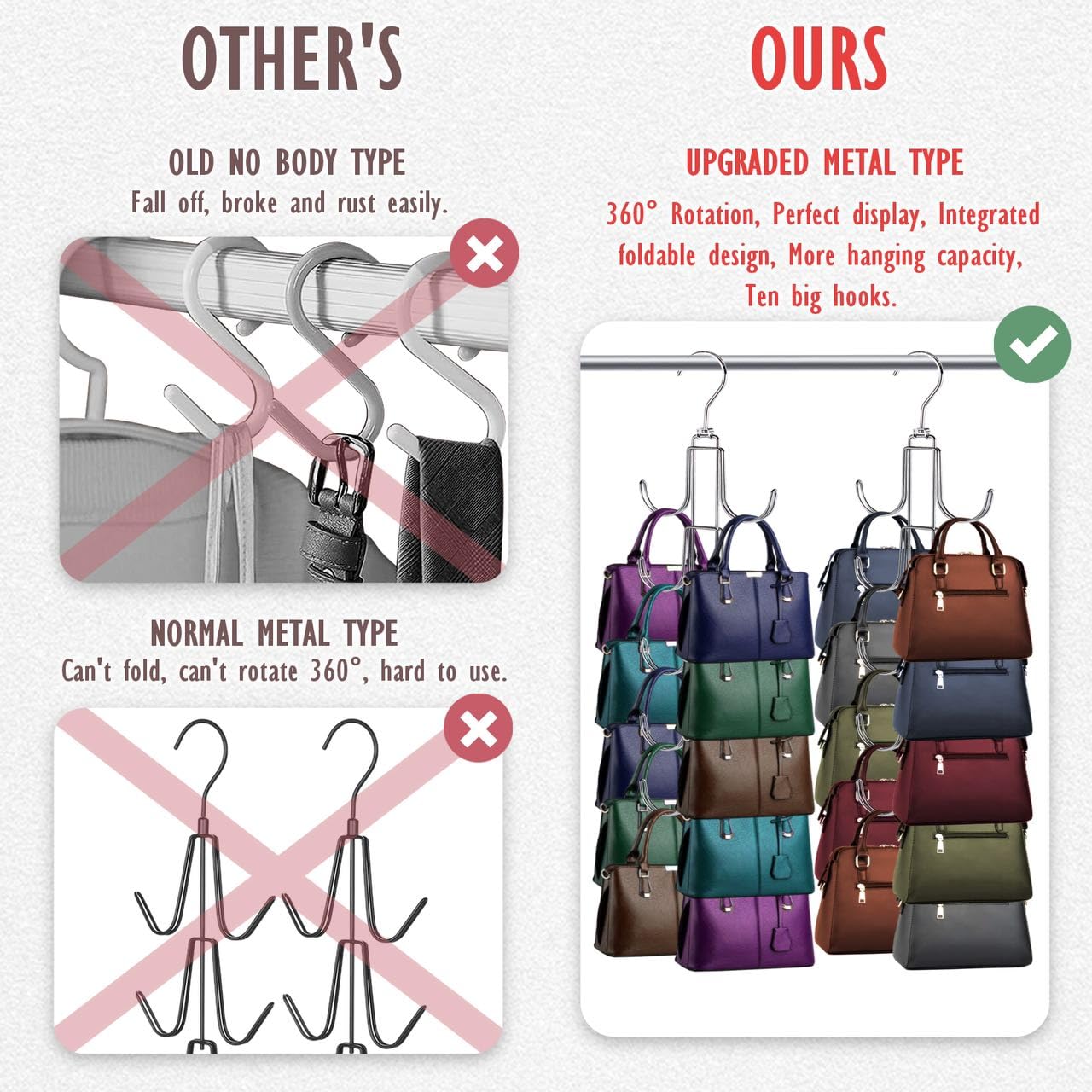 Purse Organizer for Closet, Bag Organizer with 10 Big Hooks, 360 Degree Rotation Purse Hanger for Display, Collapsible Space Saving Hangers Rack for Handbag, Belt, Scarve, Tie