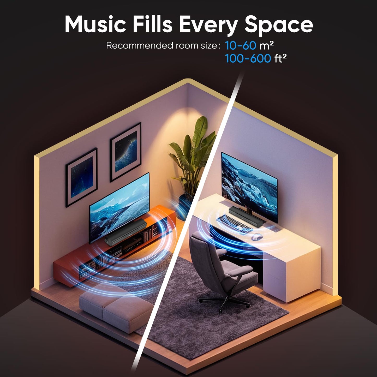 RIOWOIS Sound Bar for Smart TV, Bass Boost and Crisp Vocals,Bluetooth Soundbar for TV/PC/Gaming/Projectors,Optical/AUX/Wall Mount,17inch