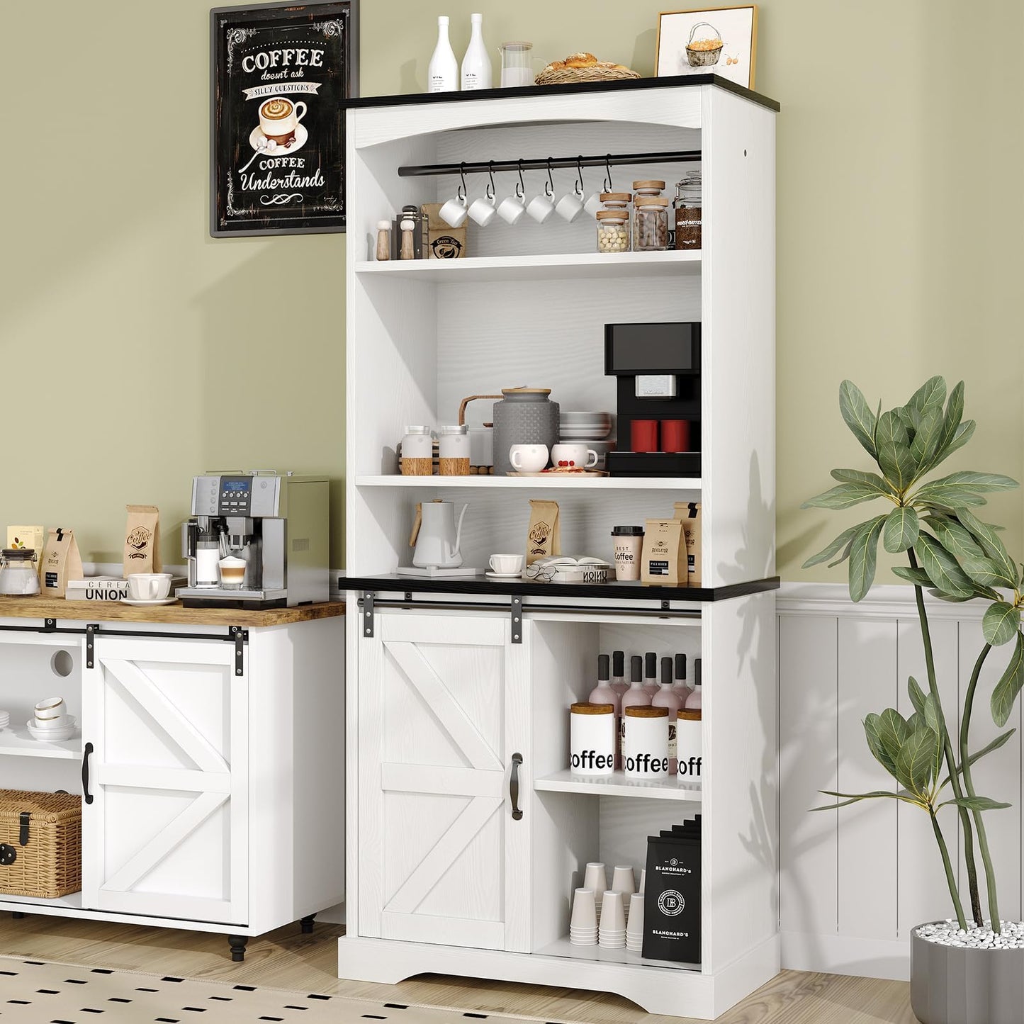 4ever2buy Farmhouse Tall Coffee Bar with Tall Hutch, Buffet Cabinet with Storage, 70 Inch Coffee Bar Cabinet with Sliding Barn Door and Adjustable Shelves for Living Dining Room, White